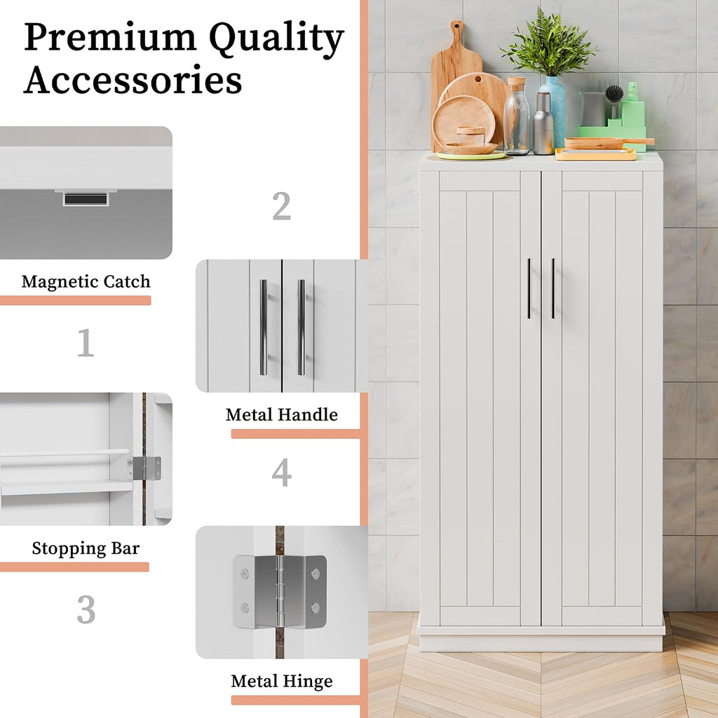 47in Kitchen Pantry Cabinet, Wood Kitchen Storage Pantry Cabinets Freestanding Pantries Cabinets with Doors & Adjustable Shelves, White