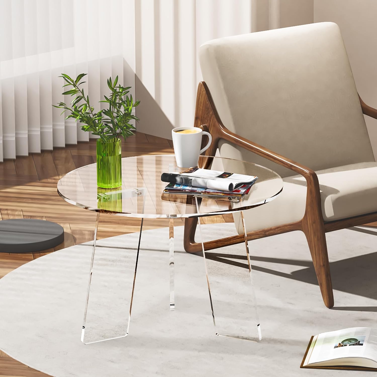 Acrylic Coffee Table Round, Clear Circle Modern Lucite Side Table Legs for Living Room, Bedroom, Office (Clear, 23.6' × 15.7')