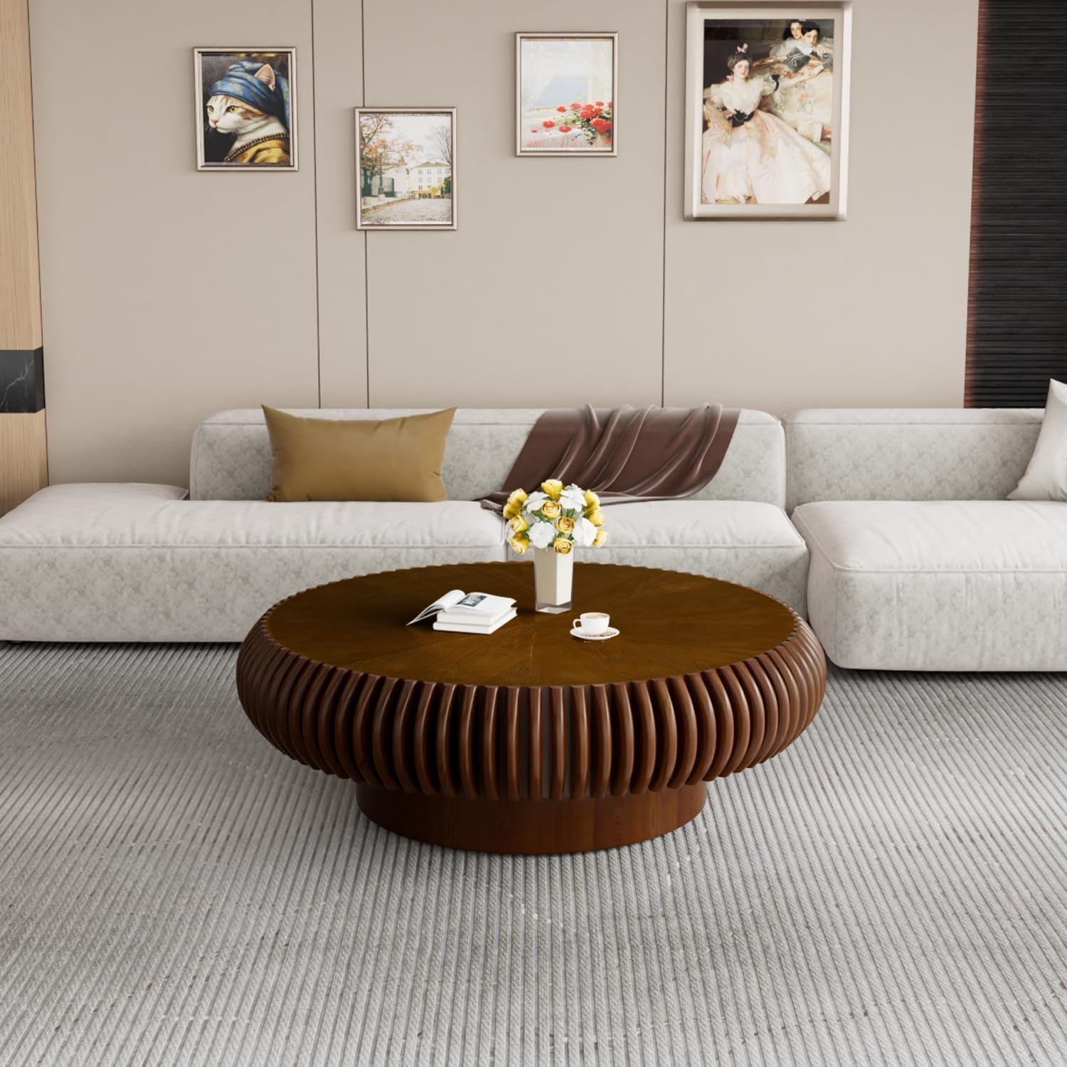 39.37' Round Drum Coffee Table, Modern Fluted Coffee Tables with Solid Wood Veneer, Wooden Circle Center Table for Living Room, Small Spaces, and Apartments, Easy Assembly