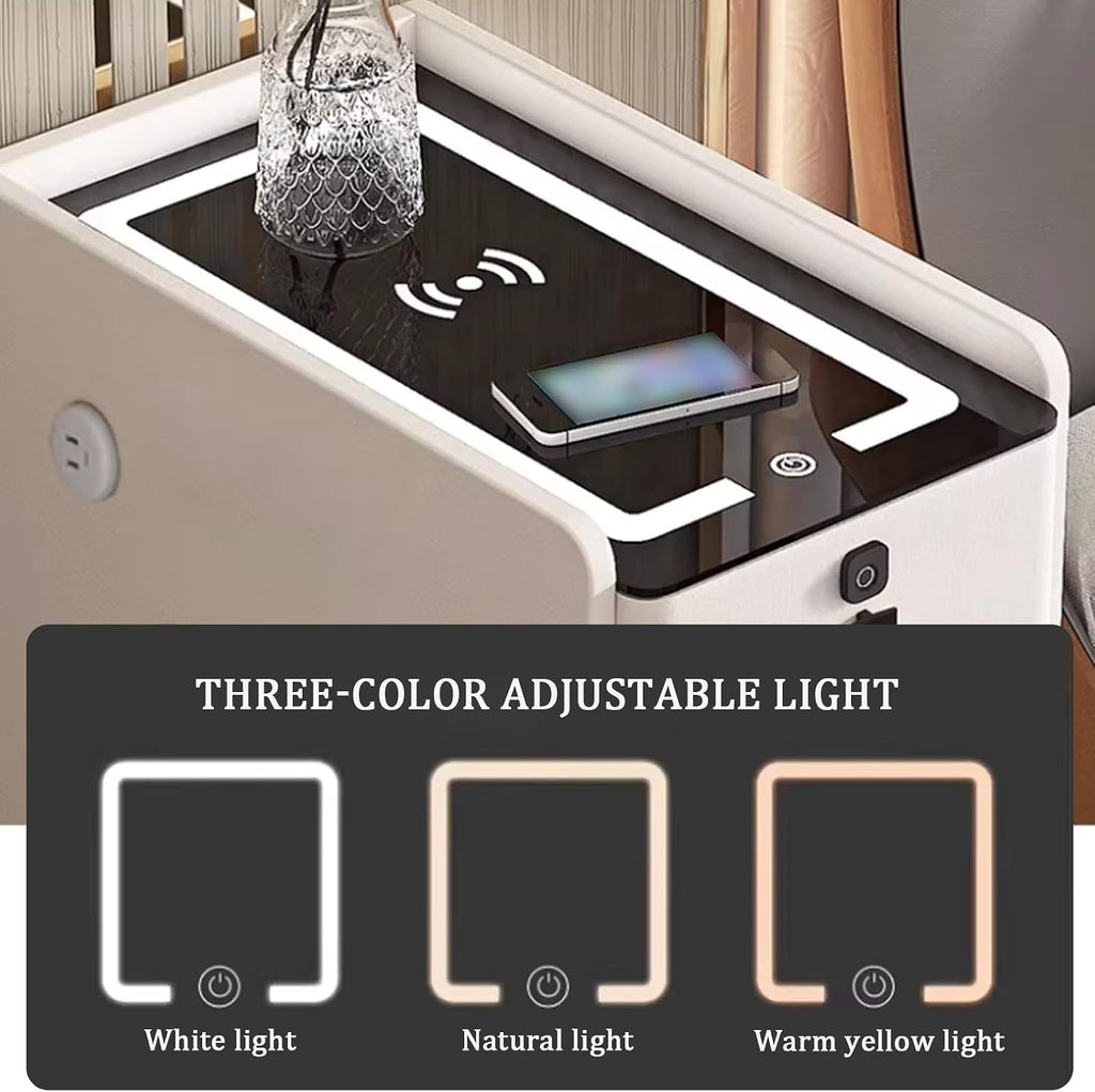 Narrow Nightstand, Smart Nightstand with Fingerprint Locks & Wireless Charging, Tempered Glass Tabletop for Valuables
