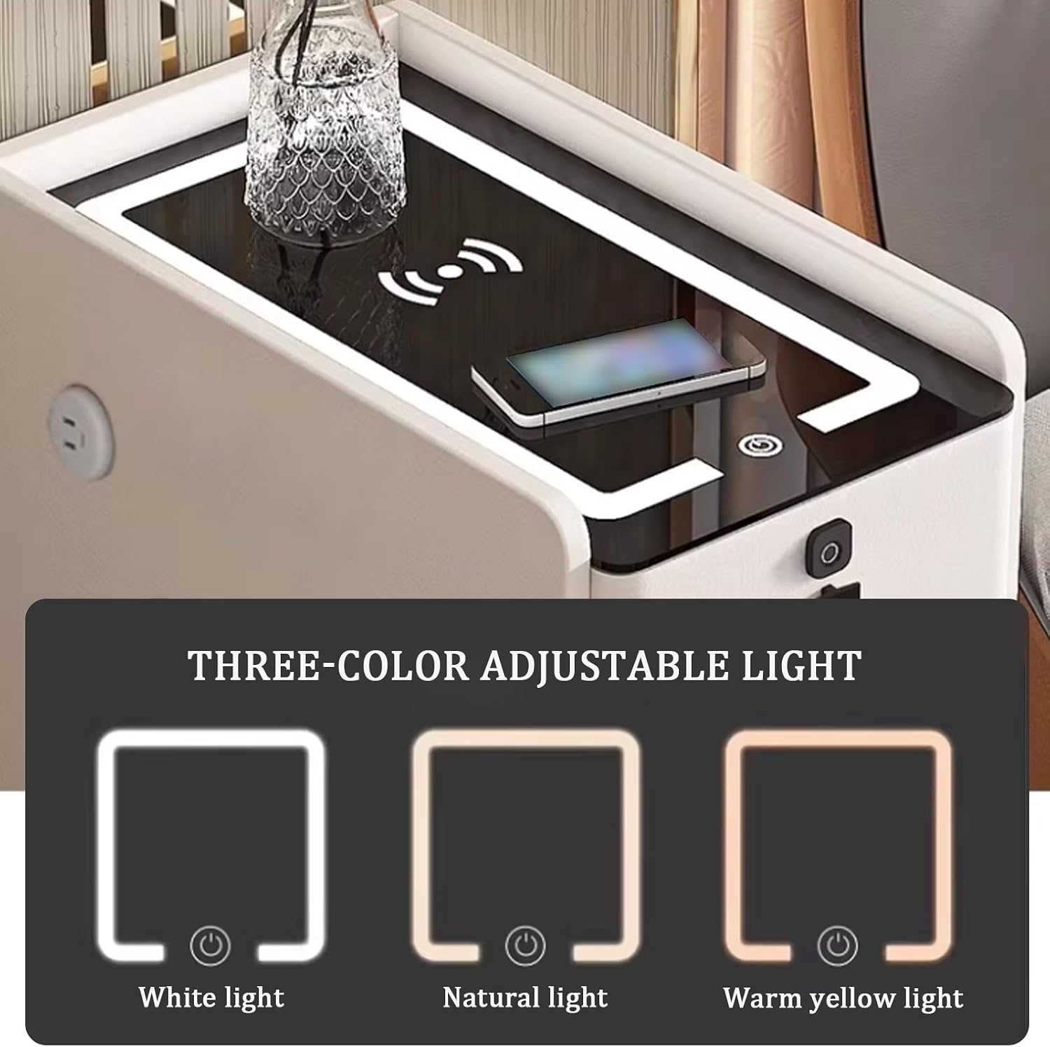 Narrow Nightstand, Smart Nightstand with Fingerprint Locks & Wireless Charging, Tempered Glass Tabletop for Valuables