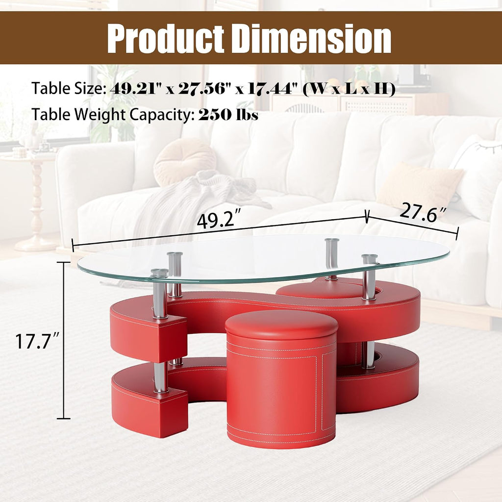 Glass Coffee Table Set With 2 Stools, 49' Oval With Tempered Top and Leather Stools, Modern Center Table for Living Room, Home Office