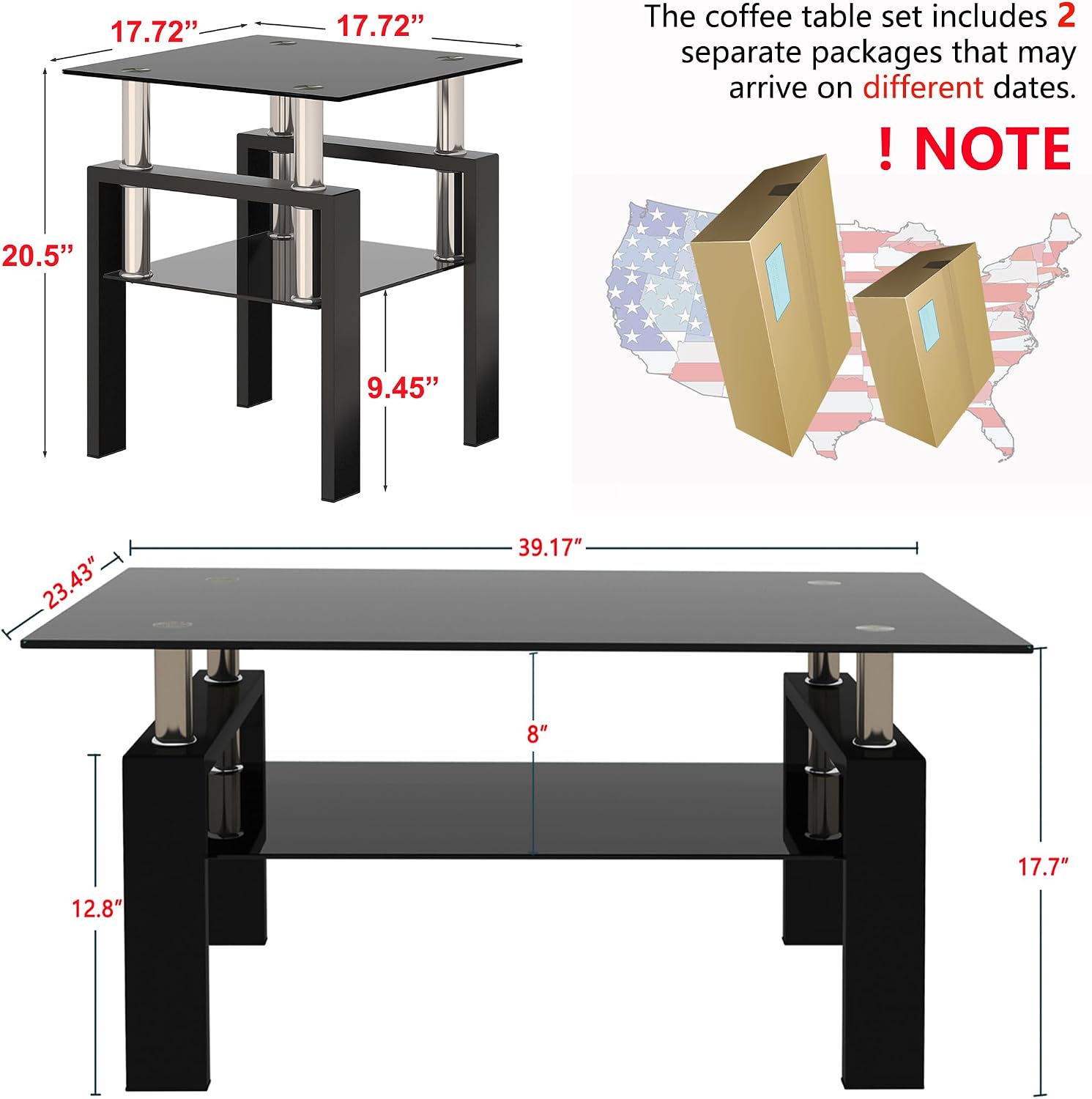 Glass Coffee Table Sets of 3 for Living Room, Mordern End Table Sofa Side Tables with Storage, Black Metal Leg, Rectangle Tempered Center Table Home Furniture Set (Black)
