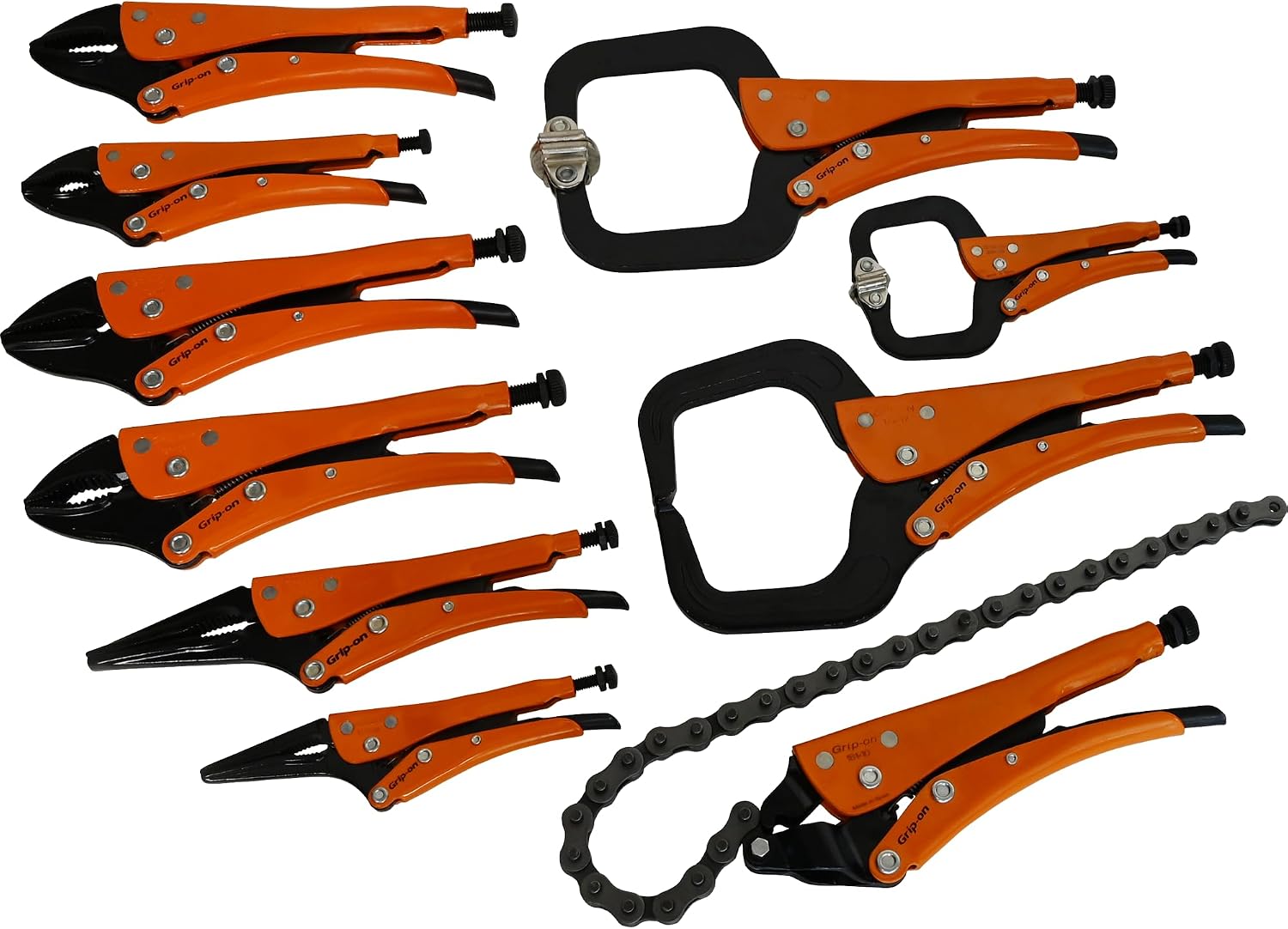 Grip-On 10 Piece Locking Pliers and Clamp Set | Straight & Curved Jaw, Long Nose, Wire Cutter, C-Clamp & Chain Clamp | Welding Pliers & Sheet Metal Tools with Storage Rack