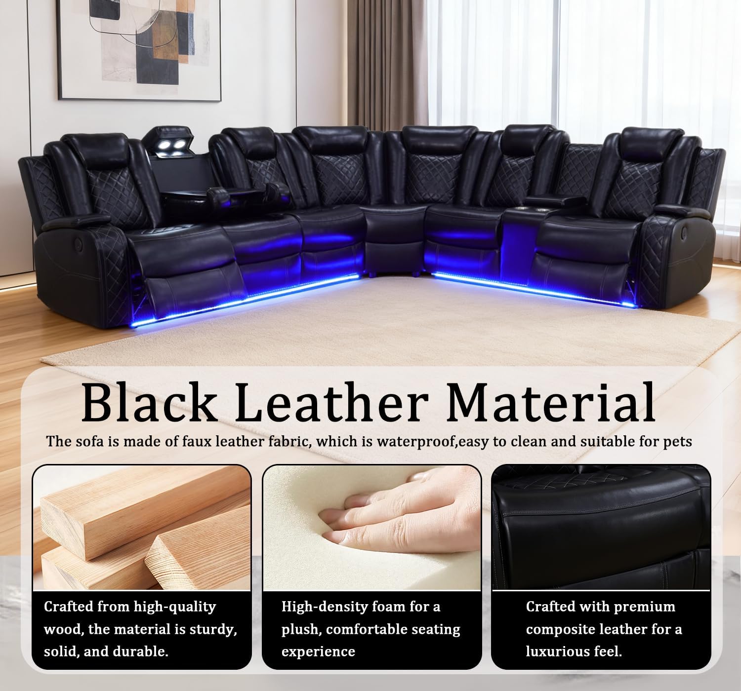 Power Leather Recliner Sectional Sofa Set with LED Lights,L Shaped Reclining Sectional Couch and Loveseat,Leather Sofa Set with Coffee Table/Storage for Living Room(Black,8 Seater)