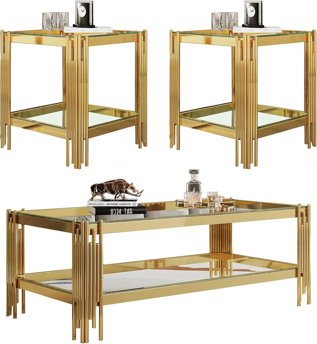 SSLine 3-Piece Living Room Table Set, Modern Clear Glass Coffee Table with 2 End Table, Luxury Rectangle 2-Tier Storage Coffee Table Set with Gold Stainless Steel Frame for Living Room