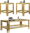 SSLine 3-Piece Living Room Table Set, Modern Clear Glass Coffee Table with 2 End Table, Luxury Rectangle 2-Tier Storage Coffee Table Set with Gold Stainless Steel Frame for Living Room