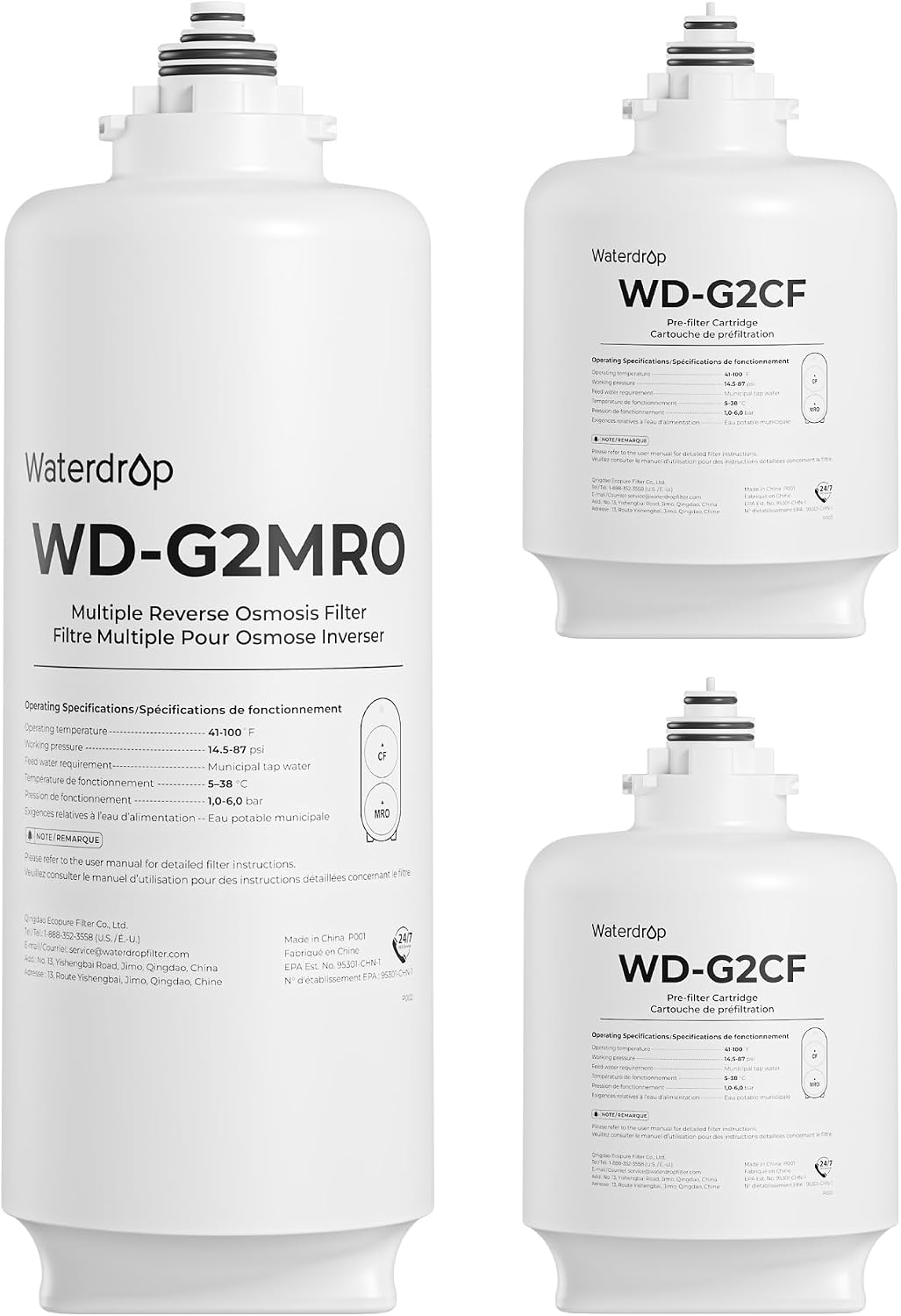 Waterdrop G2-2CFRO Filter, Replacement for G2 Reverse Osmosis System, 2-year Lifetime, Pack of 2 G2CF Filters and 1 G2MRO Filter