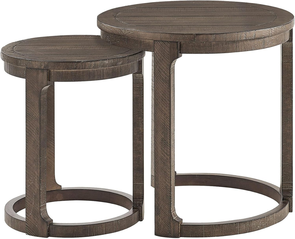 Round End Side Table Set of 2, Handcraft Nesting Table for Living Room, Modern Wood Circle Style, Easy Assembly, Dark Brown