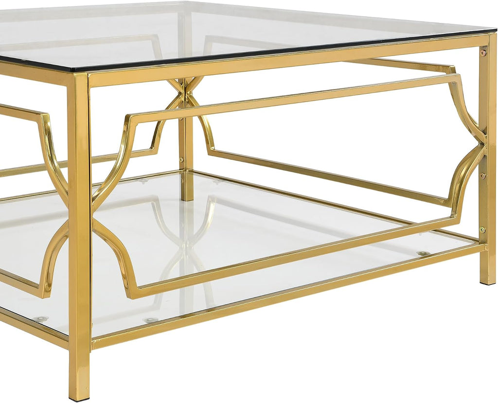 33.5' Square Glass Coffee Table with Storage, Modern 2-Tier Tempered Glass Accent Coffee Table with Metal Frame for Living Room, Minimalist Gold Cocktail Center Table for Office, Apartment