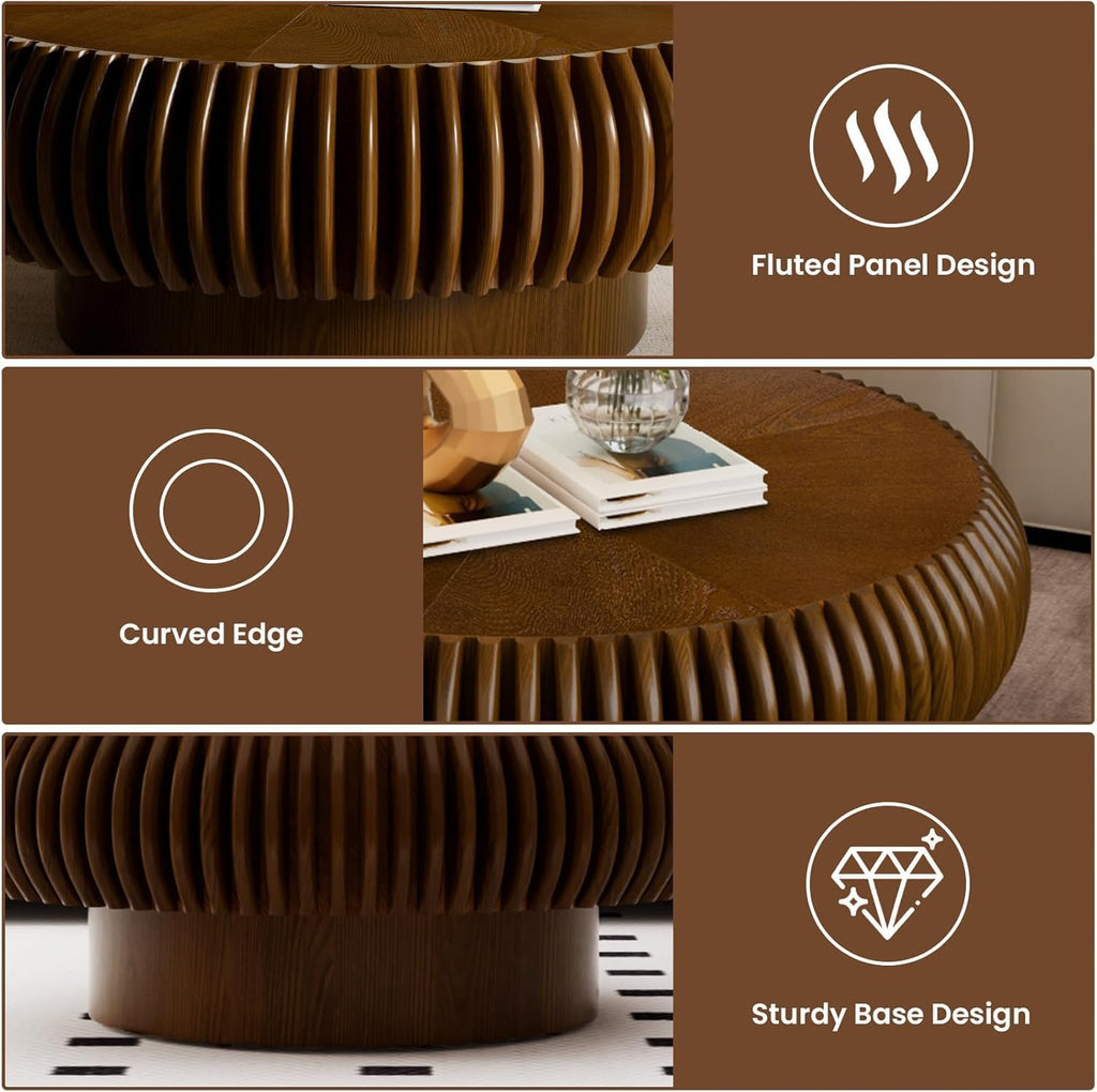 JHKZUDG Round Fluted Coffee Table 39.4'' Wood Drum Coffee Tables Contemporary Circle Accent Center Table Mid Century Side Table for Living Room, Small Space, Apartment (Walnut, 39.4' Coffee Table)