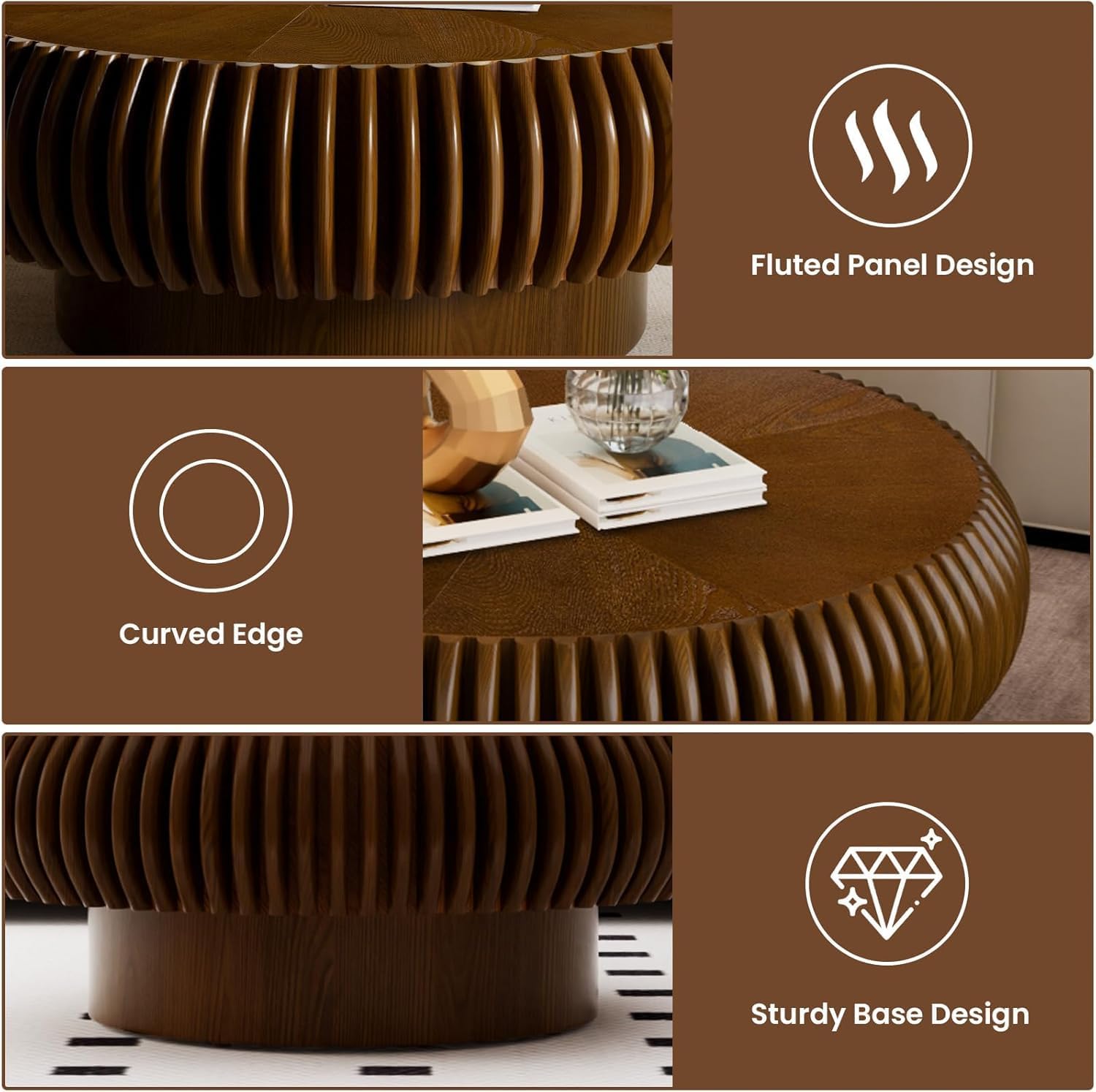 JHKZUDG Round Fluted Coffee Table 39.4'' Wood Drum Coffee Tables Contemporary Circle Accent Center Table Mid Century Side Table for Living Room, Small Space, Apartment (Walnut, 39.4' Coffee Table)