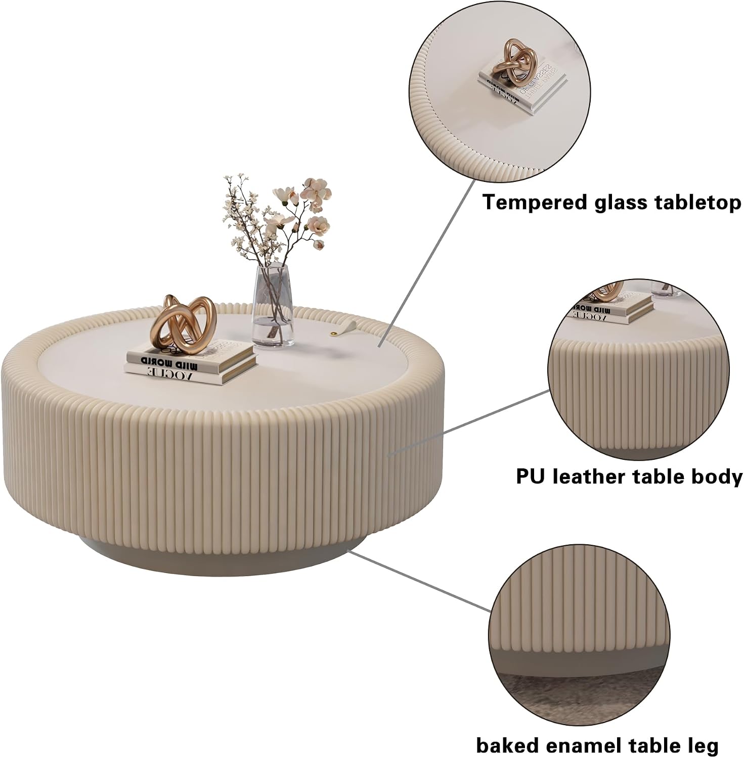 White Round Fluted Coffee Table with Hidden Storage, 31.5' Drum Coffee Table with Tempered Glass Top, PU Leather Body, Baked Enamel Metal Base, Modern Minimalist Circle Tea Table