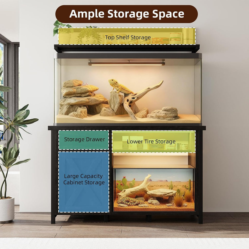 Reptile Tank Stand with Power Outlet, Terrarium Stand with Storage Cabinet, 49' X 20' Tabletop, Aquarium Stand with LED Lights, Reptile Terrarium,Turtle Tank (Oak)