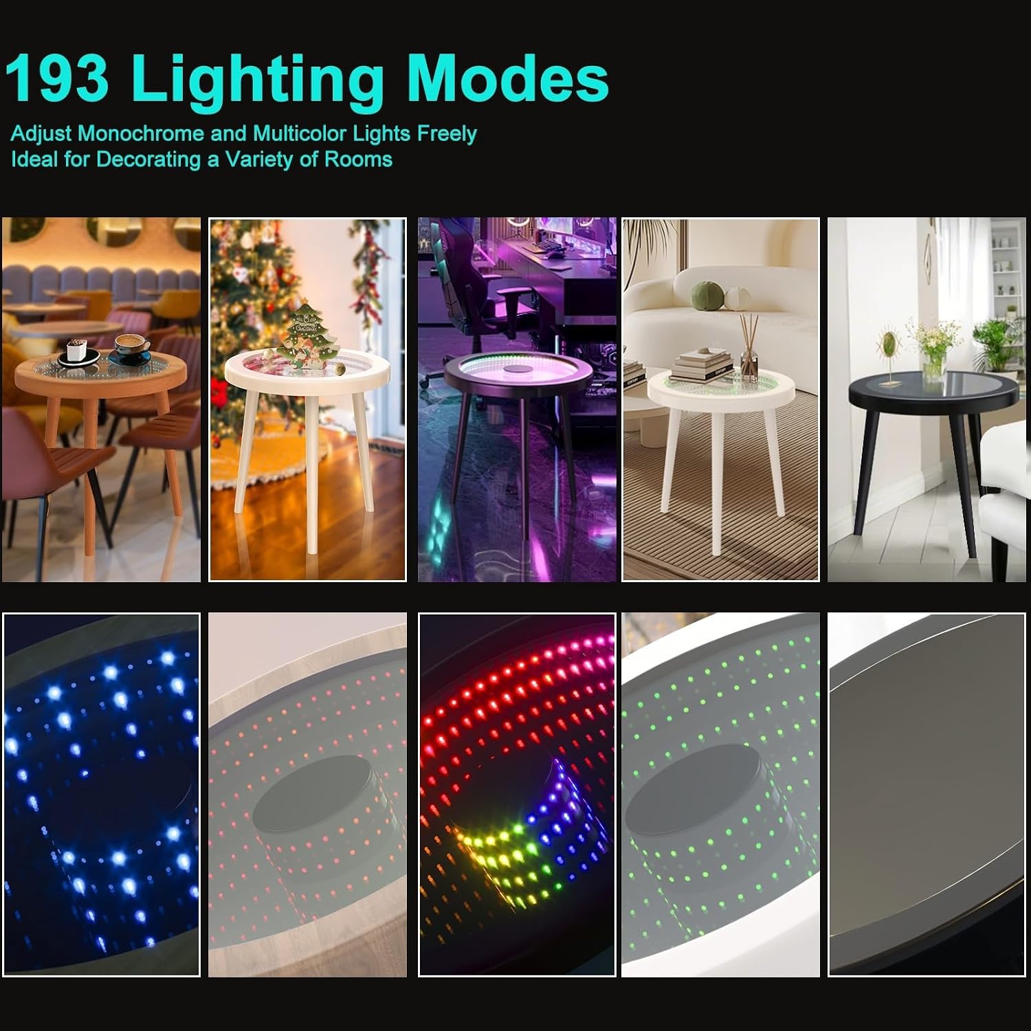 HANYEE Small Circle Coffee Table, Infinity Mirror Table, Small Round Side Table, for Home Living Room, Office,Tempered Glass Surface with RGB LED Lighting Smart Control, Office and Bedroom-Black