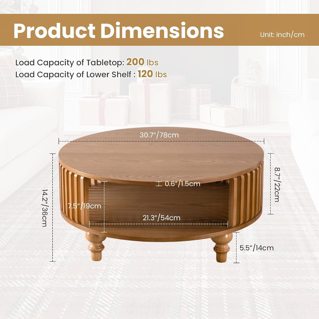 2-Tier Round Coffee Table 30.7' Round Coffee Table with Storage Mid-Century Modern Circle Accent Center Table Farmhouse Low Cocktail Tea Furniture for Living Room Small Spaces (30.7' Round)