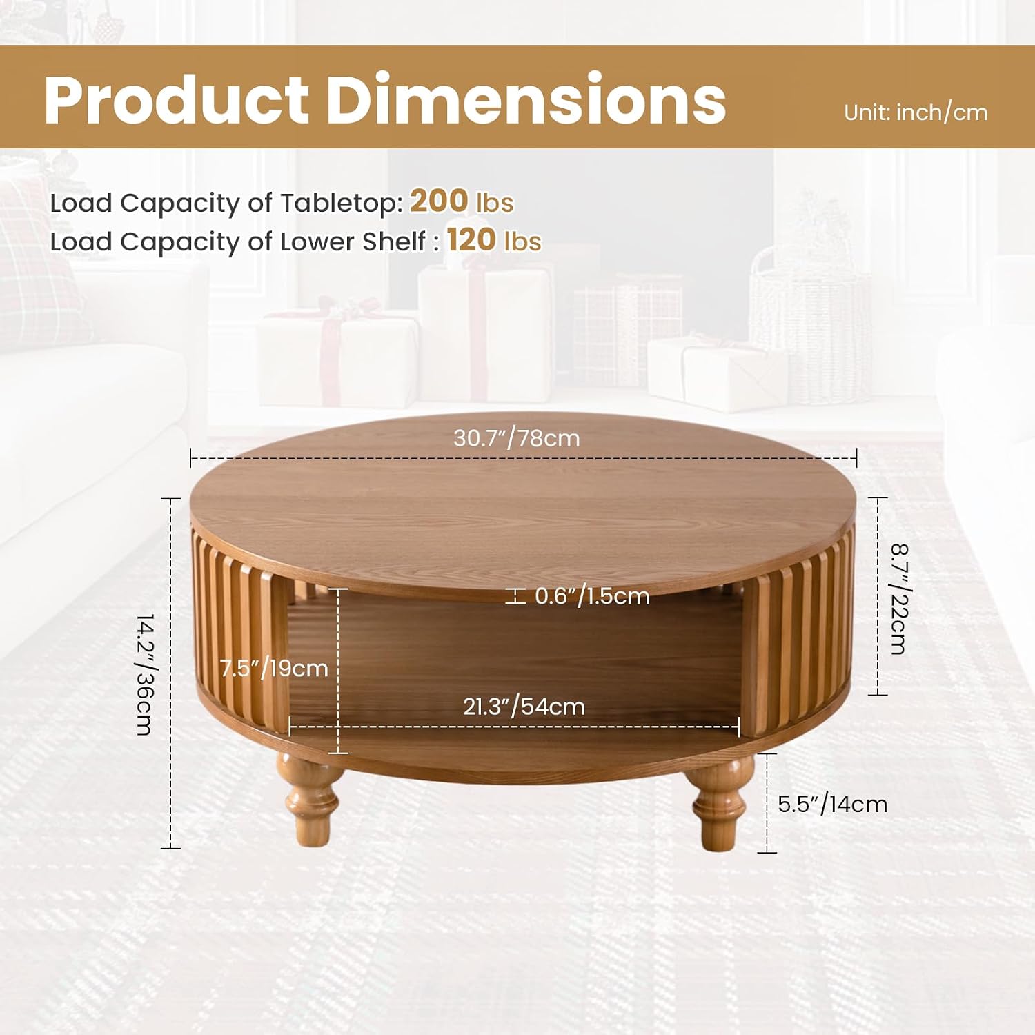 2-Tier Round Coffee Table 30.7' Round Coffee Table with Storage Mid-Century Modern Circle Accent Center Table Farmhouse Low Cocktail Tea Furniture for Living Room Small Spaces (30.7' Round)