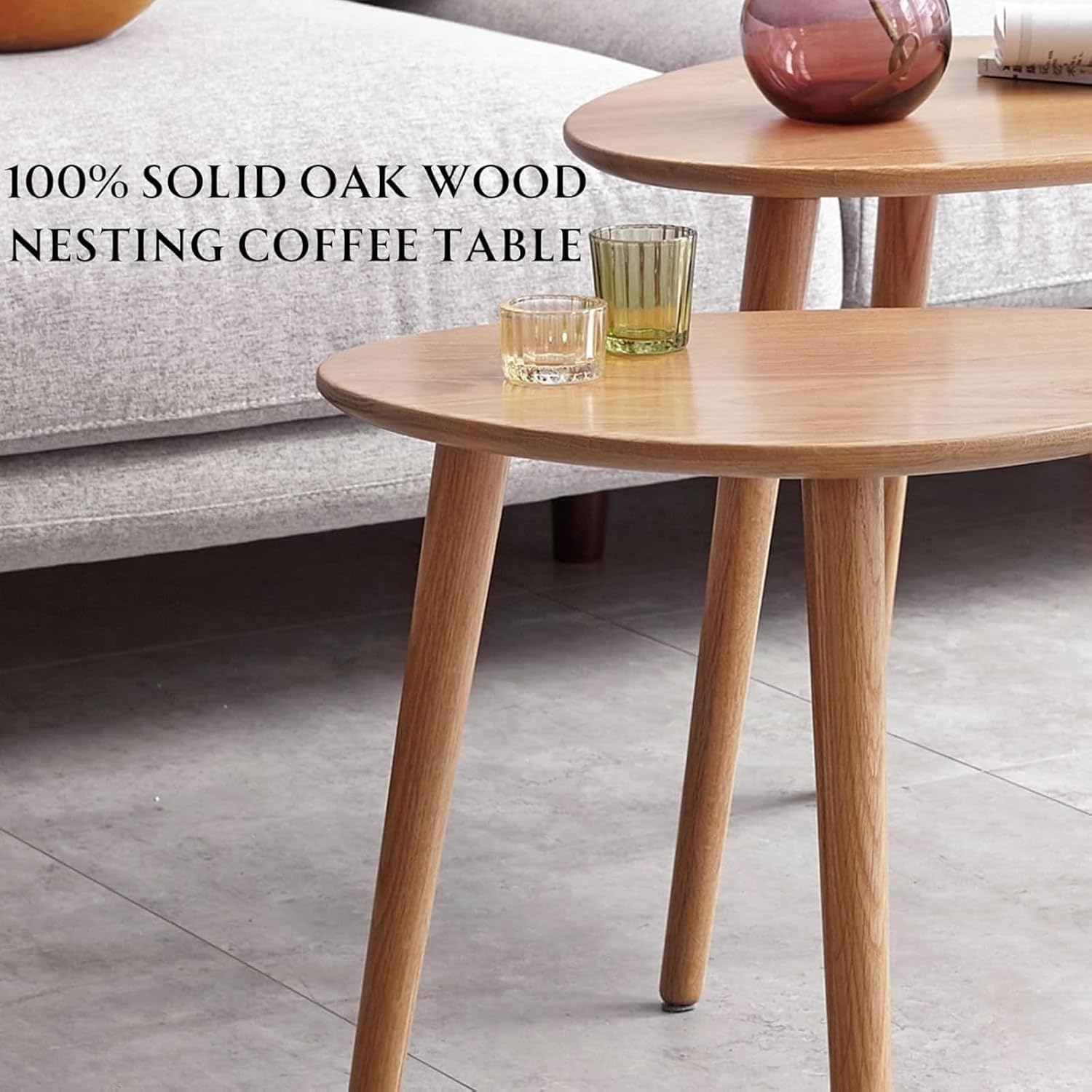 100% Solid Oak Wood Nesting Coffee Table, Small Oval Coffee Tables Set, Mid Century Modern Round Tables for Living Room, Pebble Side Table for Balcony (Nature, Combine)