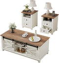 LUXOAK Farmhouse Table Set of 3, Coffee Table with Sliding Barn Doors, End Tables Set of 2 with Charging Station for Living Room & Bedroom, Sliding Barn Doors, 2 Tiers Storage Drawer, Antique White