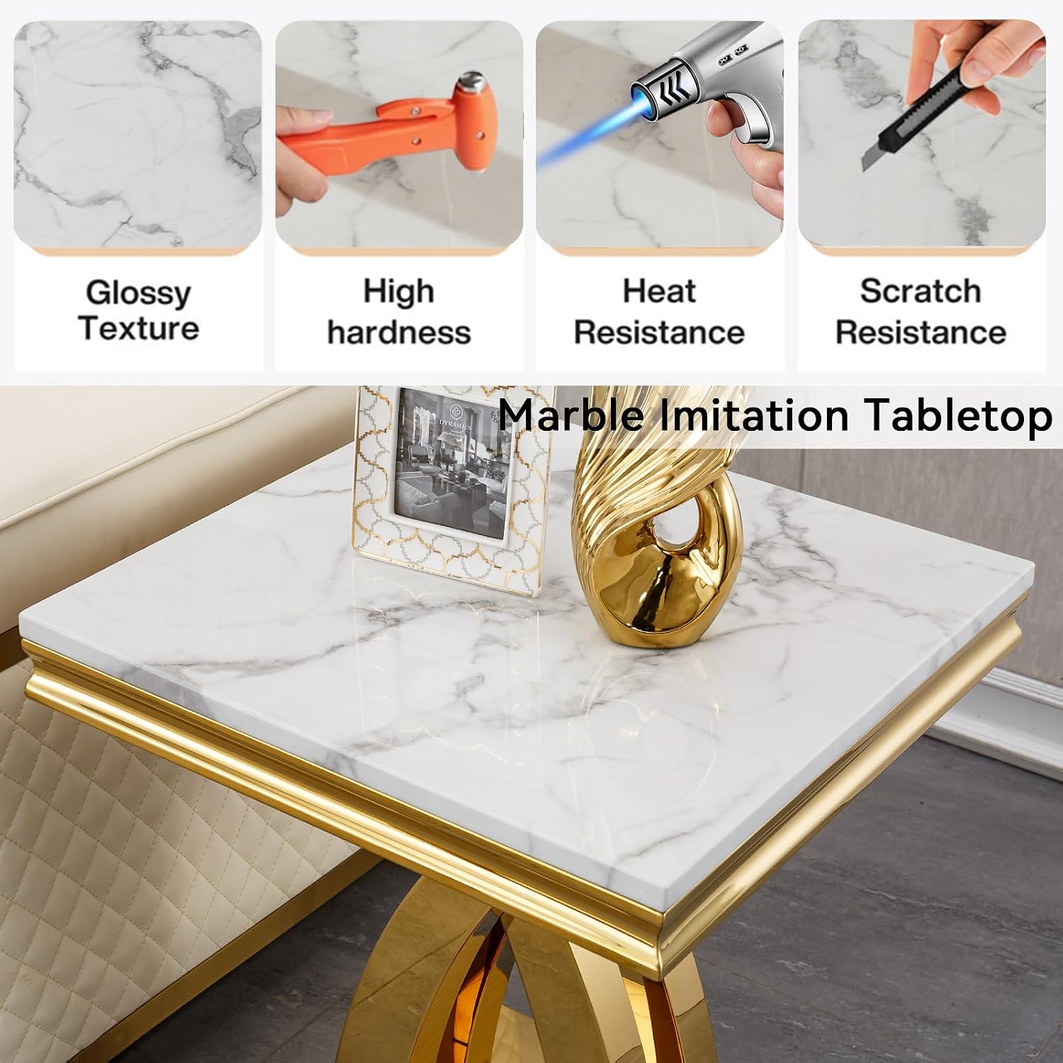 Modern White Gold Coffee Table Set of 3 Faux Marble Coffee Table and End Side Table Set, Luxury 3 Pieces Living Room Table Set with X-Shape Stainless Steel Base for Home Office