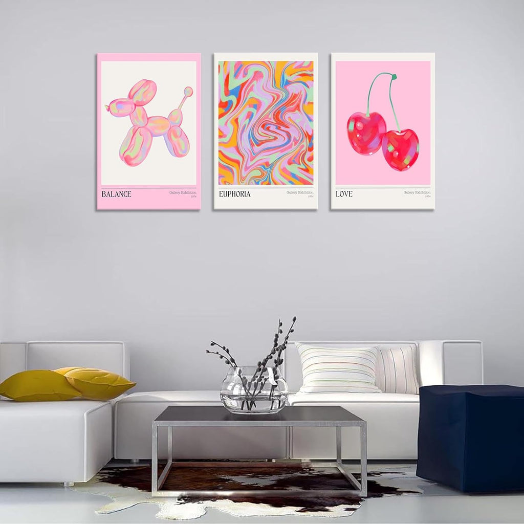 Trendy Set Of 3 Pink Cherry Cute Balloon Dog Posters Preppy Style Room Aesthetic Canvas Wall Art Gradient Aura Fresh Fruit Prints Painting For Home Bedroom Dorm Wall Decor 16X24in Wooden Frame