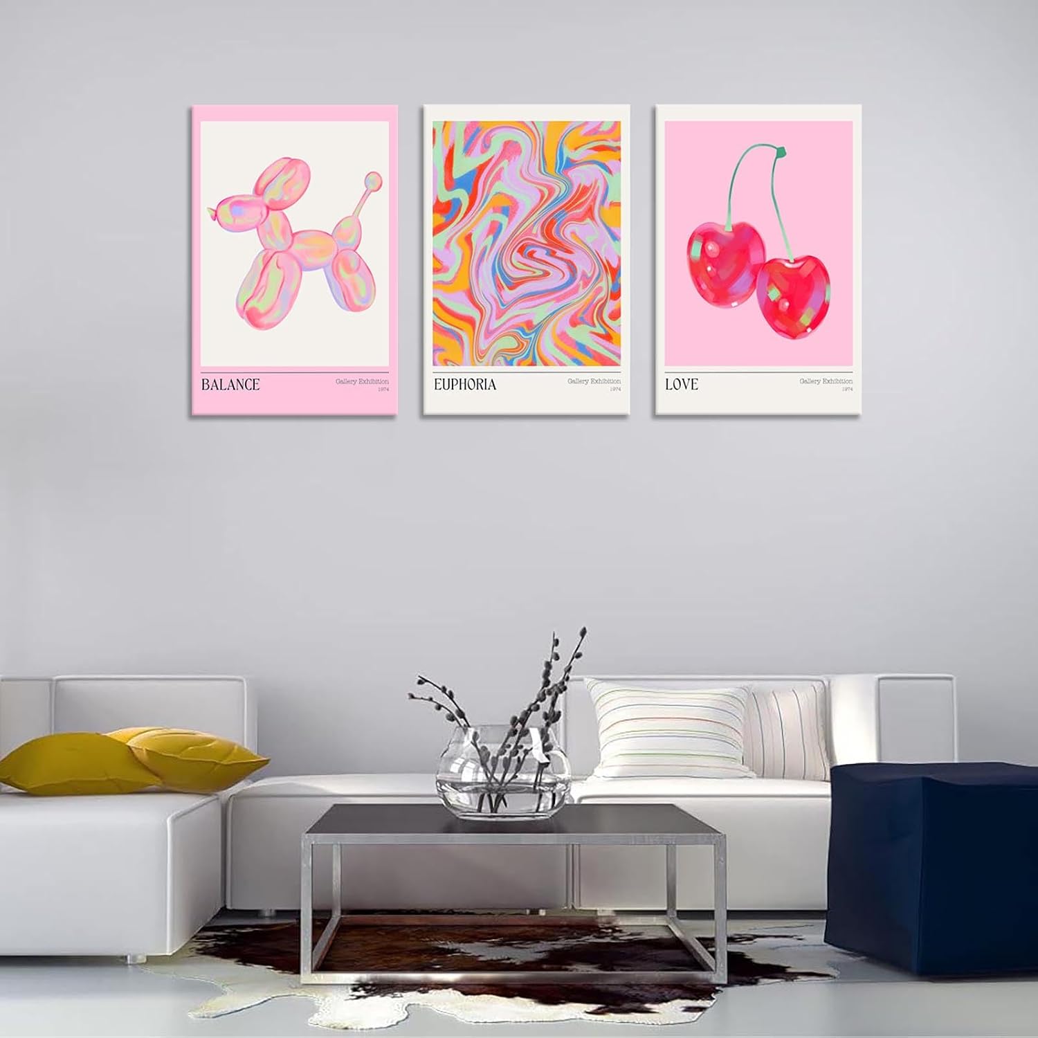 Trendy Set Of 3 Pink Cherry Cute Balloon Dog Posters Preppy Style Room Aesthetic Canvas Wall Art Gradient Aura Fresh Fruit Prints Painting For Home Bedroom Dorm Wall Decor 16X24in Wooden Frame