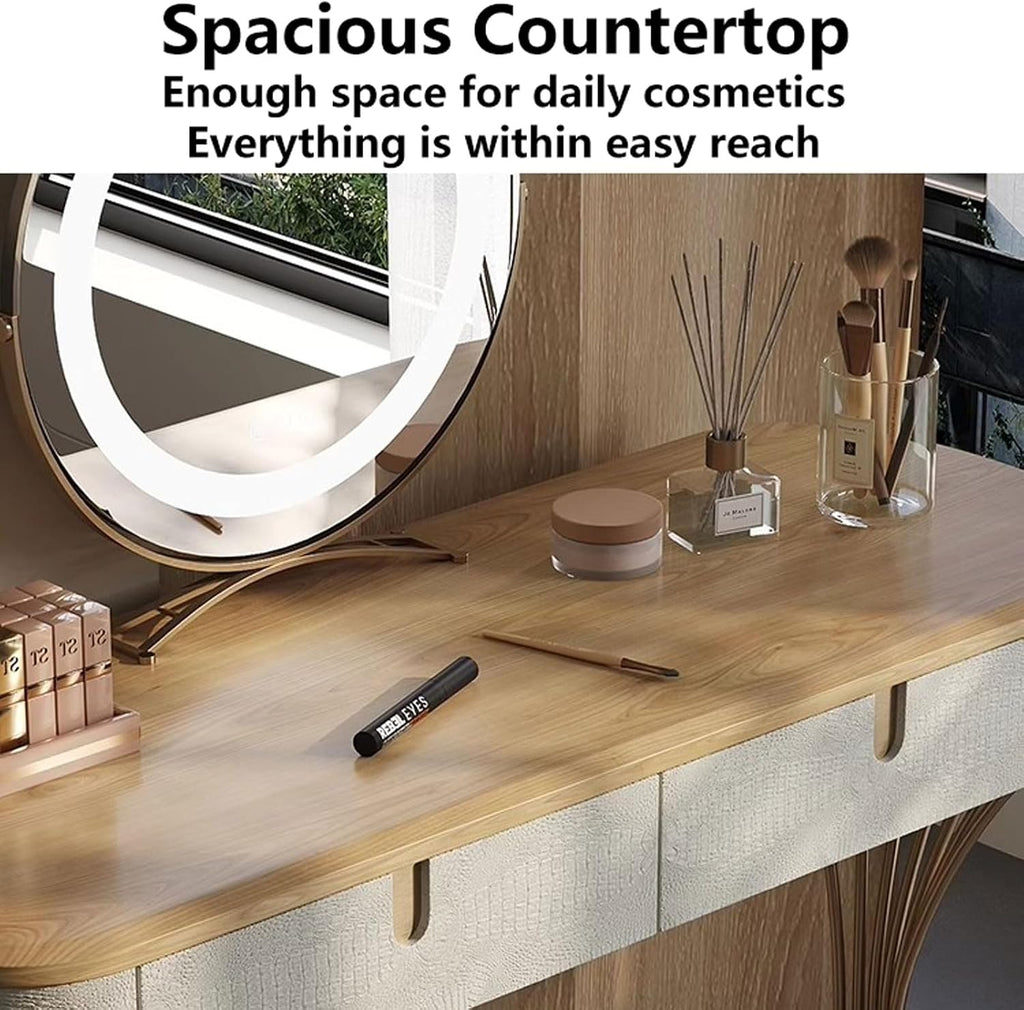 Thick Table Top Vanity Desk with Mirror Tri-Colour Lighting Creative Design Mirror Stainless Steel Stand Solid Wood Frame Makeup Table