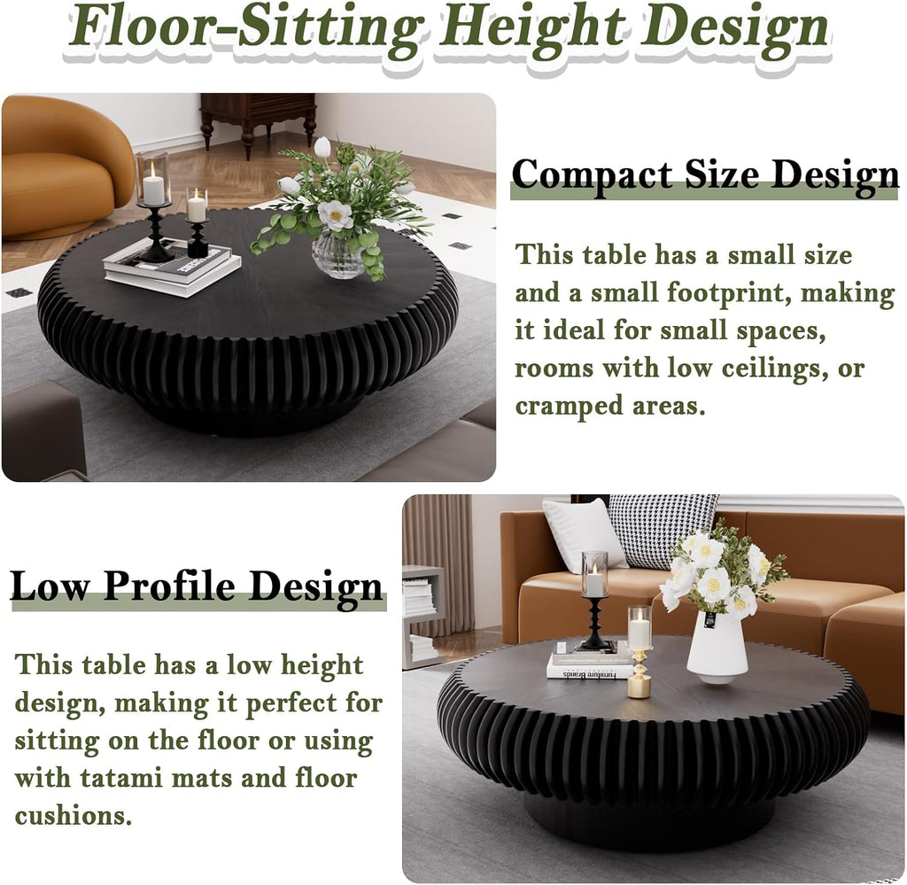Round Fluted Drum Coffee Table Modern Round Black Fluted Coffee Table Low Circle Coffee Tables for Living Room (Black A, 39.3')