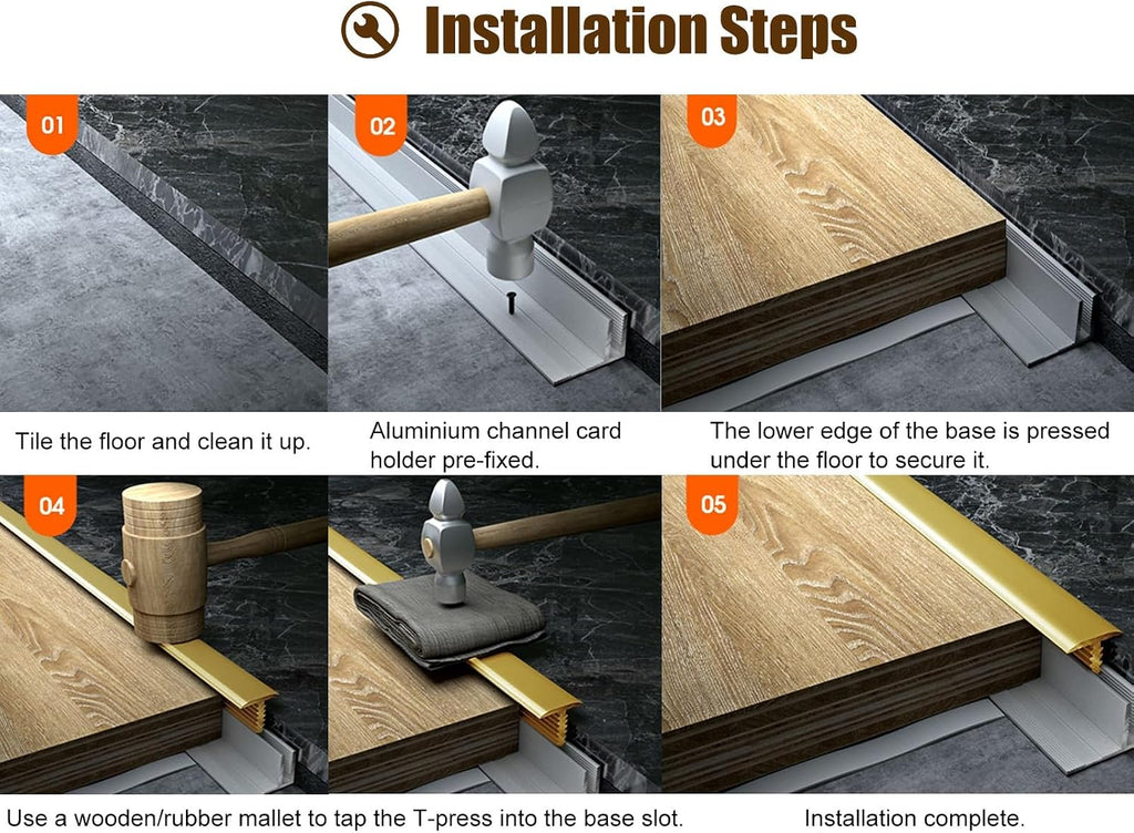 Brass Transition Strip for Wood to Tile - T-Molding Flooring Edge Trim with Track Base, Vinyl Floor Threshold Cover for Gap Joining (Fits 12mm-15mm - 1/2' to 5/8')