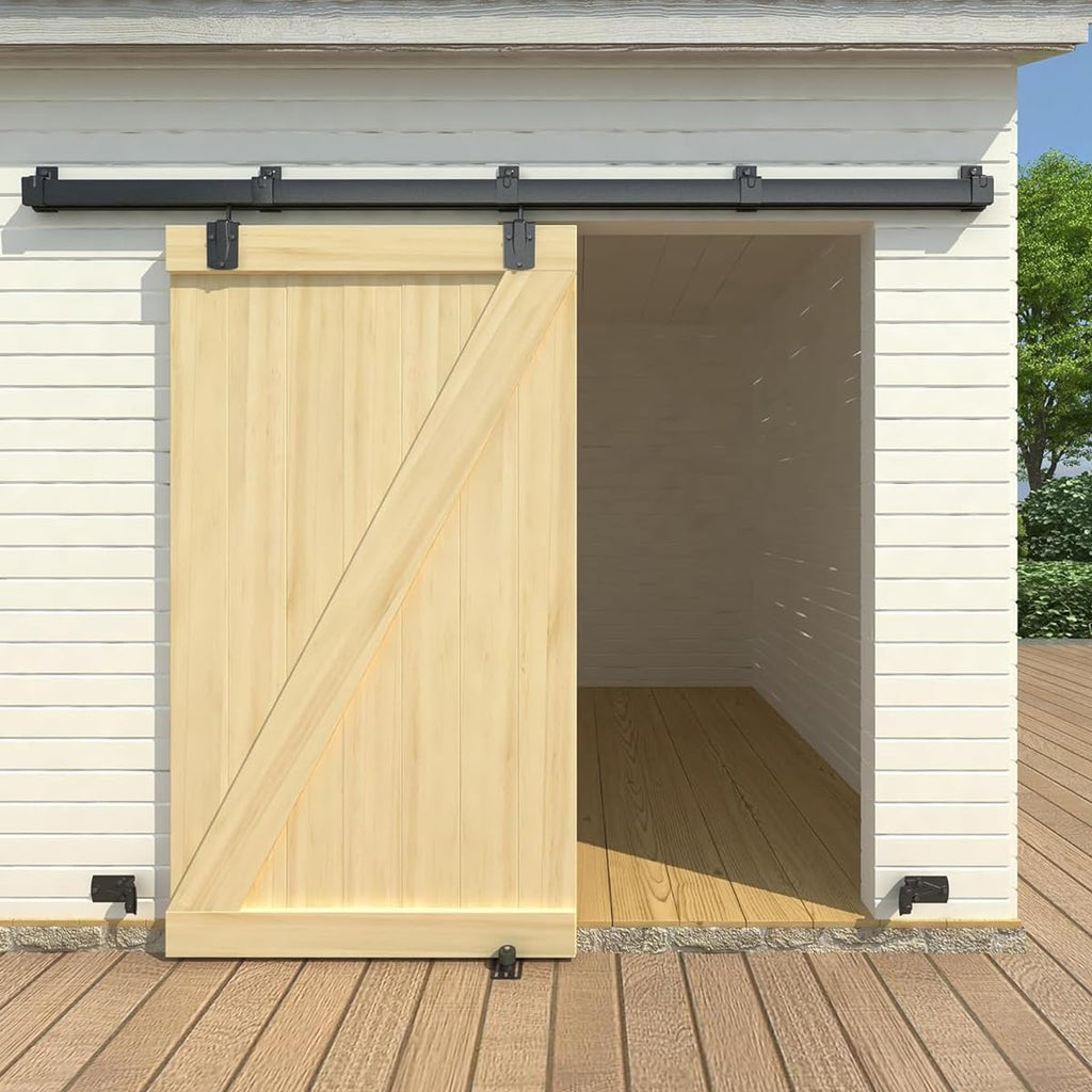 8FT Black Box Rail Exterior Barn Door Hardware Kit, Sliding Heavy Duty Barn Door Track, Wall Mount Barn Door Hardware with 5 Track Brackets(Doors NOT Include）