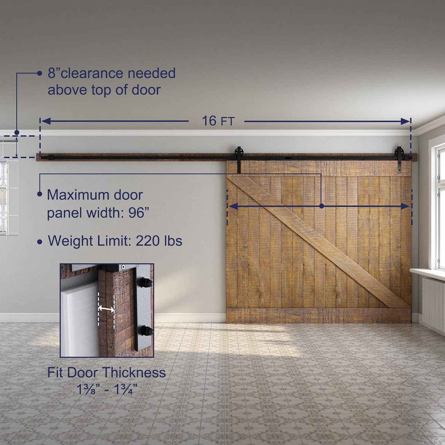 SMARTSTANDARD 16 Feet Heavy Duty Sliding Barn Hardware Kit, 4FT - 18FT, Black, Smoothly and Quietly, Simple and Easy to Install, Fit 96' Wide Door Panel (Industrial Bigwheel Hangers)