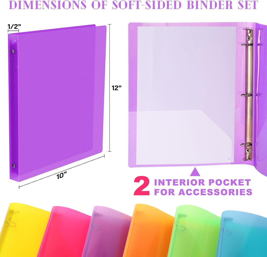 Fulmoon 48 Pack 3 Ring Plastic Binders 1/2 Inch Bulk with 2 Pockets, Flexible Binder Loose Leaf Hardcover, Fit 12' x 10' US Letter Size Paper, for School Office Home, 6 Colors(Bright)