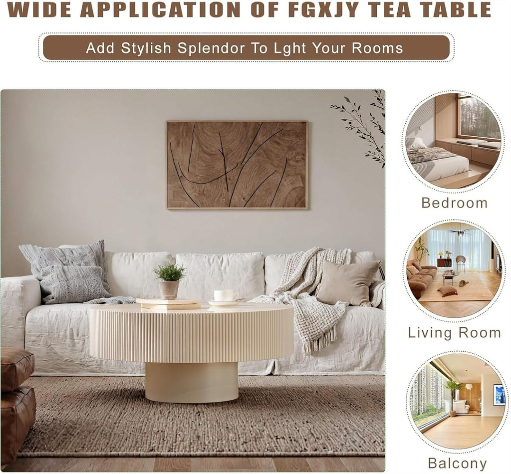 Modern Drum Fluted Round Coffee Table for Living Room, Unique Accent Fluted Drum Coffee Table, Contemporary Minimalist Low Circle Tea Tables for Farmhouse Apartment (B)