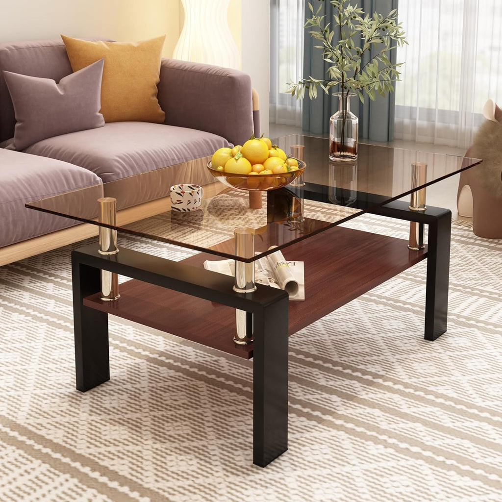 Modern Glass Coffee Table and End Table Sets of 3, Living Room Tables Set with Walnut Wooden MDF Layer, 39' Rectangle Brown Top, Black Metal Legs