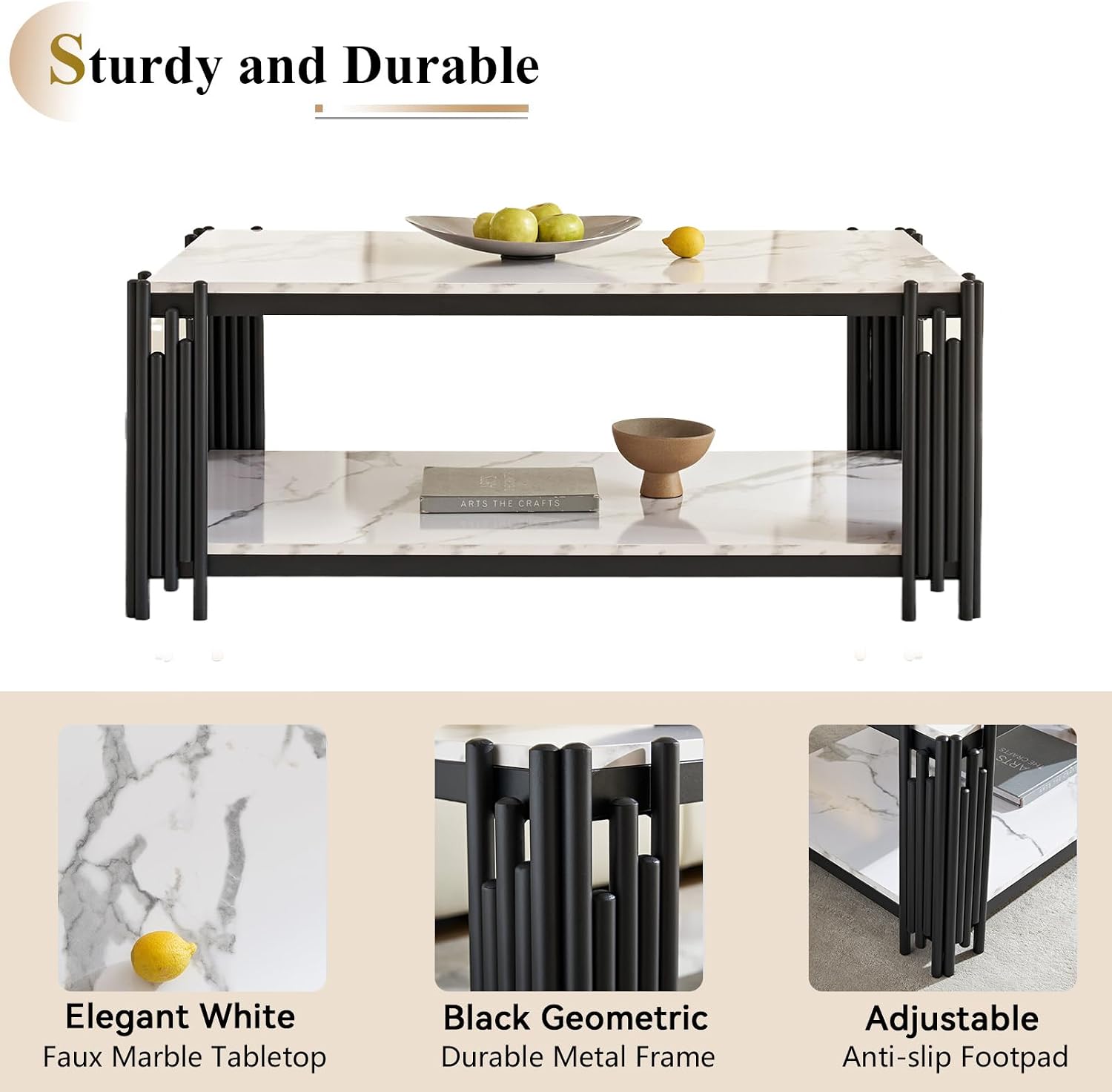 Elegant Marble Coffee Table Set of 3 White Faux Marble Coffee Table End Table Set w/Black Metal Frame 3 Piece Living Room Table Set with 1 Rectangle Coffee Table & 2 Square Side Table