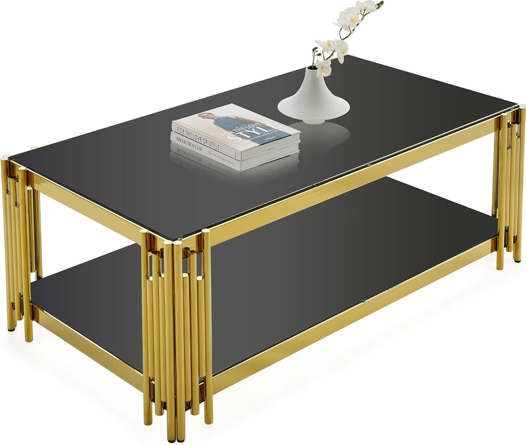 SSLine Black Glass Coffee Table with Gold Stainless Steel Frame Luxury Rectangle 2-Tier Coffee Table for Living Room Modern Elegant Cocktail Center Table with Storage Shelves for Home Office