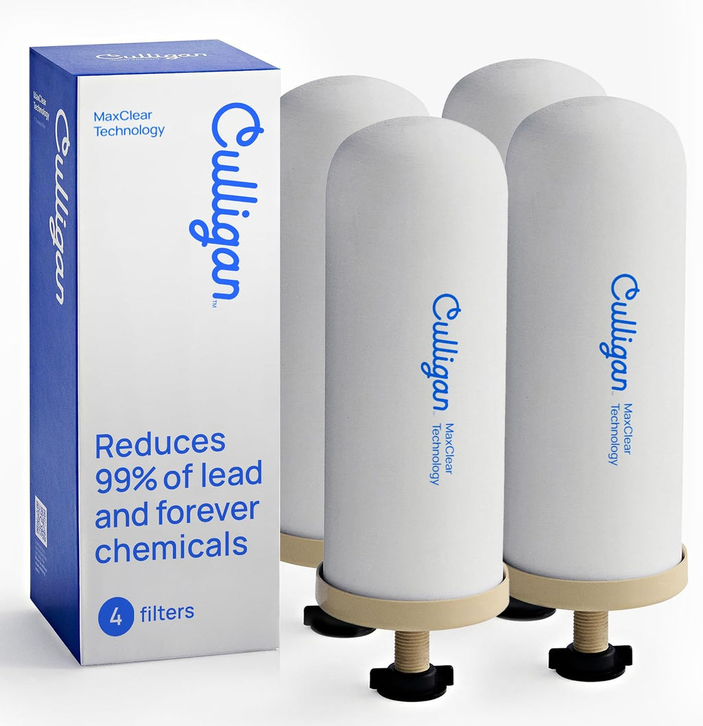 Culligan MaxClear 7' Gravity Water Filter Replacement Compatible with ProOne & Berkey Water Filter Systems, Ceramic & Carbon Filter NSF/ANSI Certified, Reduce Total PFAS, Microplastics & Lead, 4-Pack