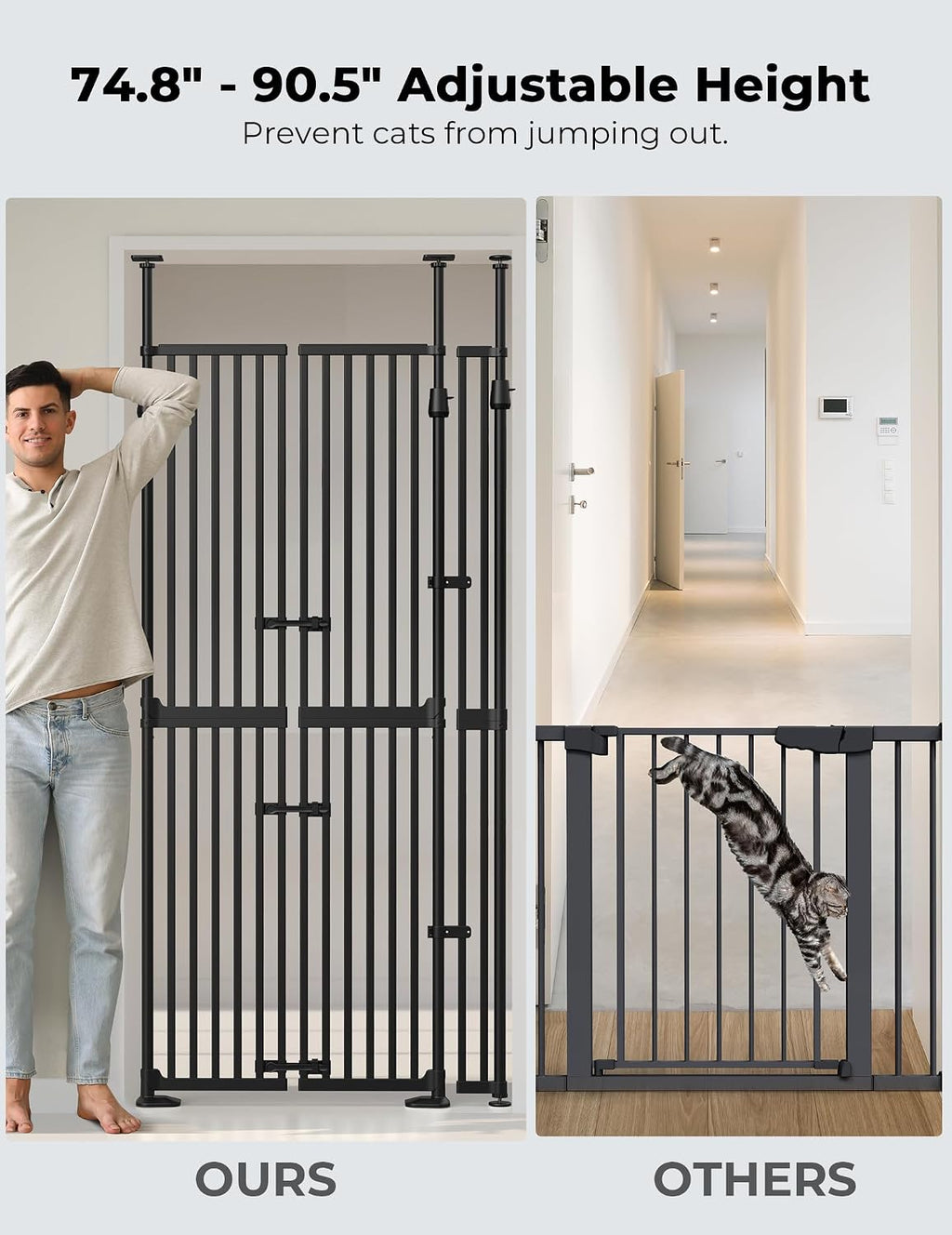 Extra Tall Cat Gate, 74.8'–90.5' High x 30.3'–38.2' Wide, No-Drill Pressure Mounted Safety Barrier for Doorways, Stairs, Hallways, Multi-Pet Separation，Black