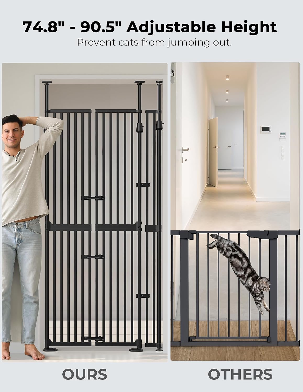 Extra Tall Cat Gate, 74.8'–90.5' High x 30.3'–38.2' Wide, No-Drill Pressure Mounted Safety Barrier for Doorways, Stairs, Hallways, Multi-Pet Separation，Black