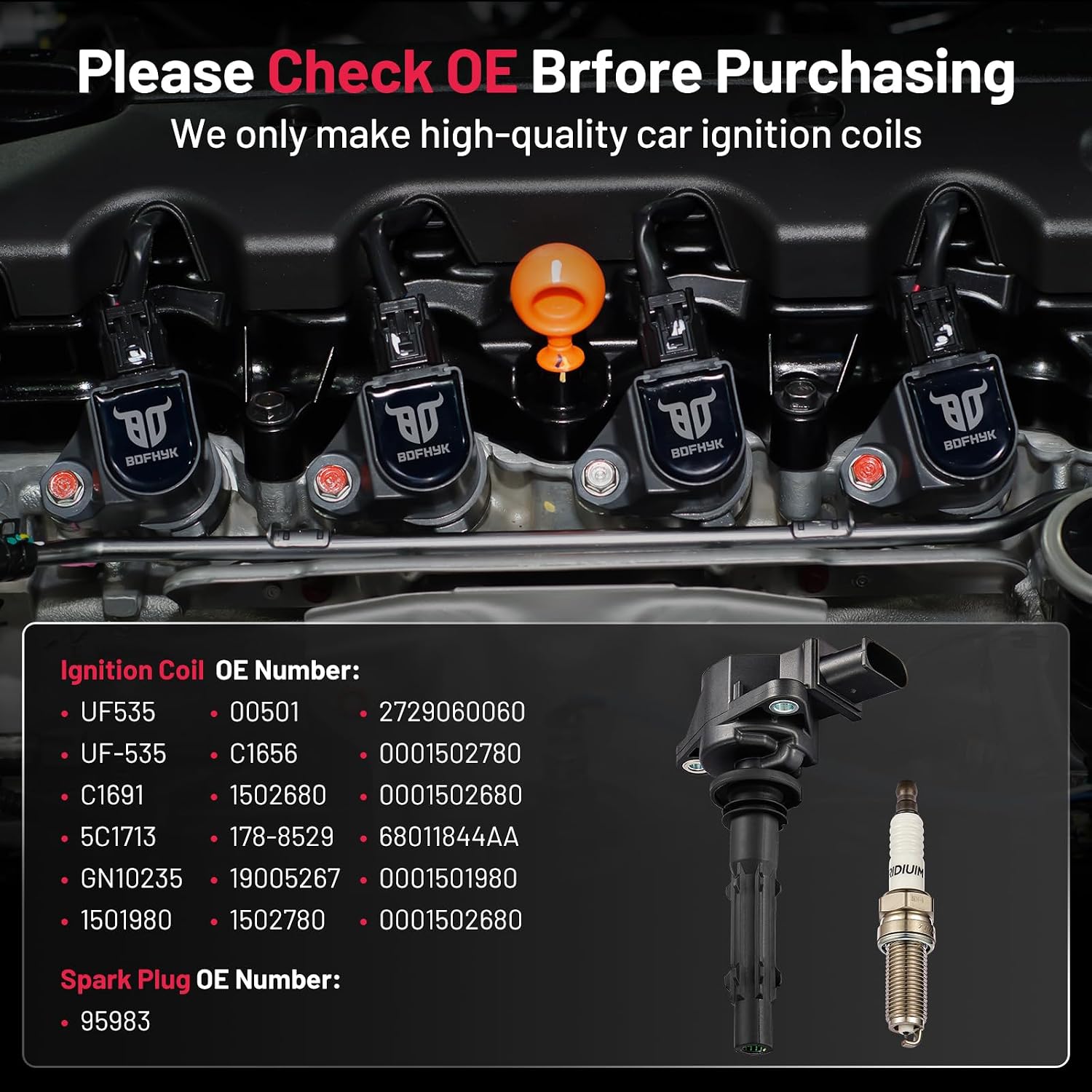BDFHYK Ignition Coil Pack UF535 and Iridium Spark Plug 95983 Compatible with Mercedes-Benz C230 C280 C300 C350 E350 R350 2007-2012 Benz ML350 SLK280 CLK350 GLK350 Dodge Sprinter 3500 Set of 6
