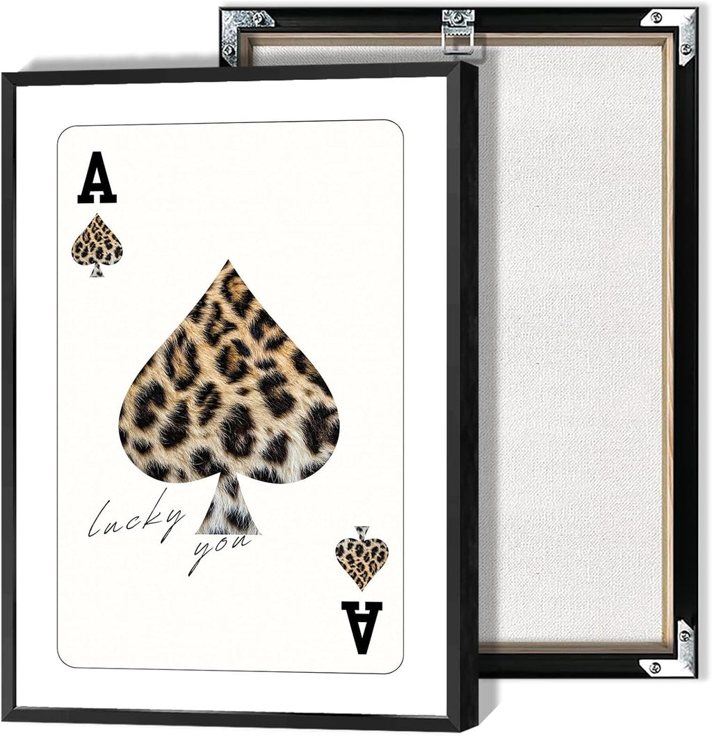 Trendy Ace Of Spades Lucky You Leopard Posters Minimalism Room Aesthetics Canvas Wall Art Funny Playing Card Prints Painting For Game Room Home Bedroom Dorm Wall Decor 24X36in Black Frame