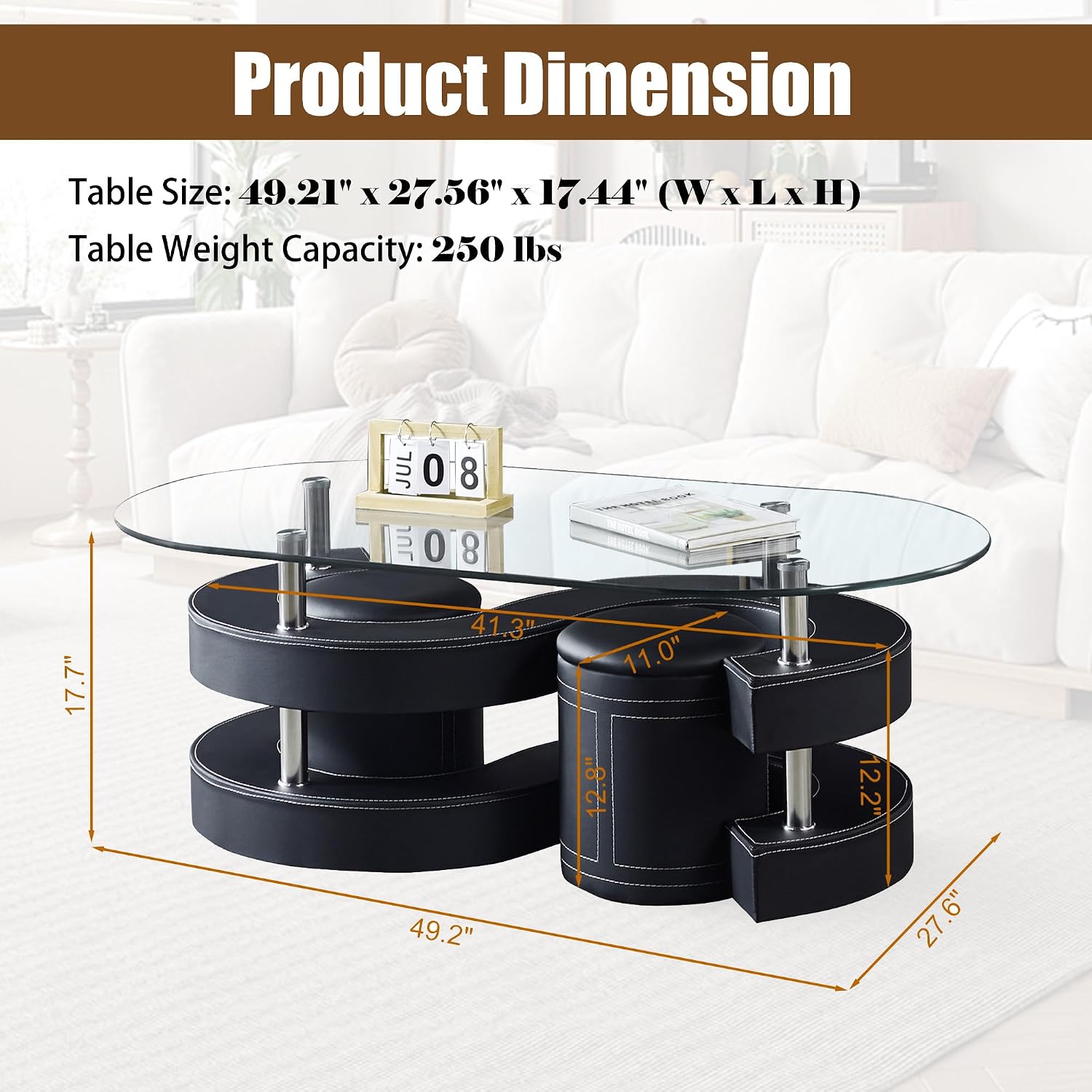 Glass Coffee Table Set with 2 Stools, 49' Oval Coffee Table and 2 Leather Stools, Modern Glass Center Table for Living Room, Home Office