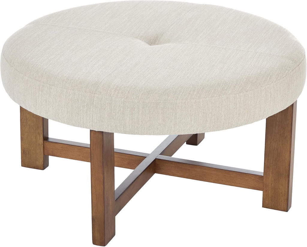Christopher Knight Home Ladin Modern Round Ottoman Coffee Table, Fabric Upholstered Cocktail Ottoman for Living Room Sofa, Entryway Comfortable Footstool, Wooden Ottoman Foot Rest, Beige+Brown