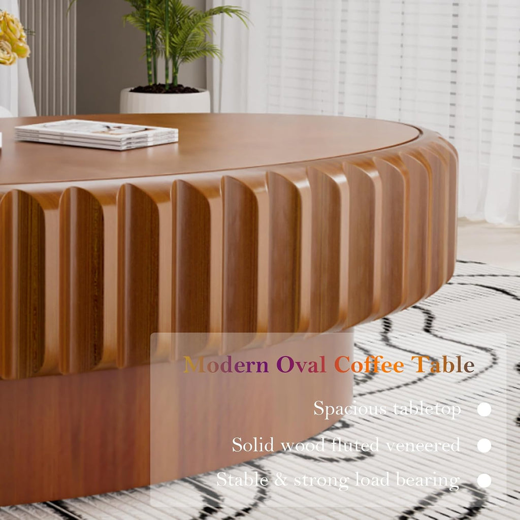 43.3' Oval Drum Coffee Table - Handcraft Solid Wood Edge Stripe Rustic Chic Fluted Tea Table with with Storage for Small Space Apartment (E 43.3in)