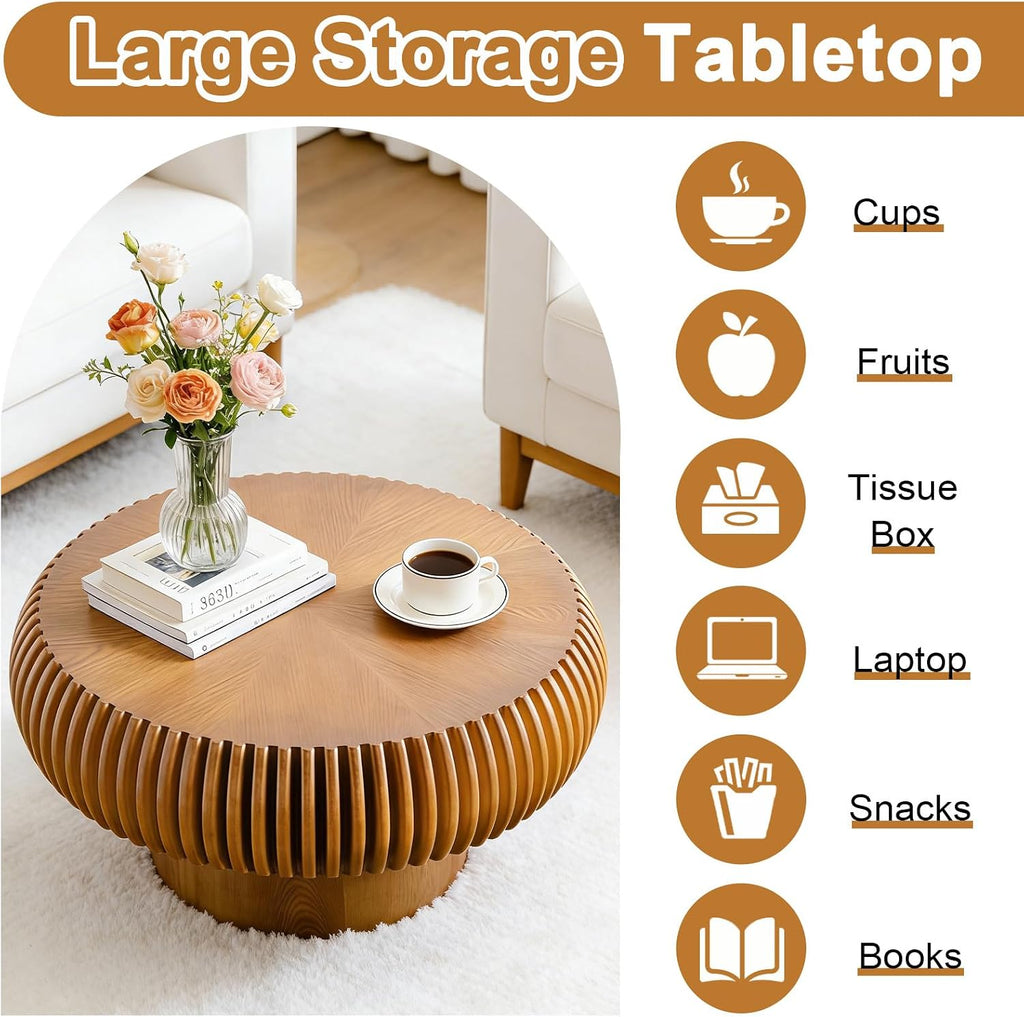 Round Coffee Table for Living Room Modern Brown Fluted Coffee Table Round Drum Coffee Tables Low Circle Pedestal Center Table for Small Spaces (A Brown, 31.4 in)