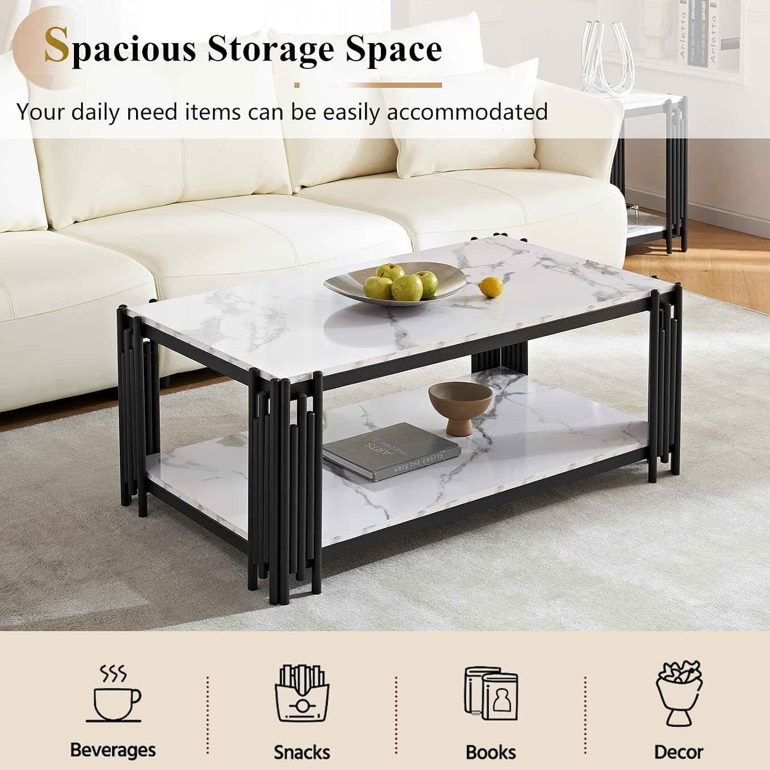 48' Rectangle White Marble Coffee Table Luxury 2-Tier Center Coffee Table with Black Metal Frame Modern Living Room Table Elegant Accent Cocktail Tea Table with Storage Shelves