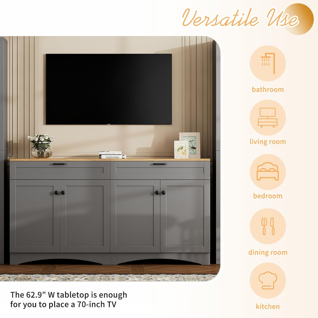 Ball & Cast Farmhouse TV Stand with 2 Drawers for TVs up to 70',Wood Grain Sideboard Buffet Cabinet w/Rustic Handles and Adjustable Shelf,Entertainment Center for Living Room,Bedroom,Grey