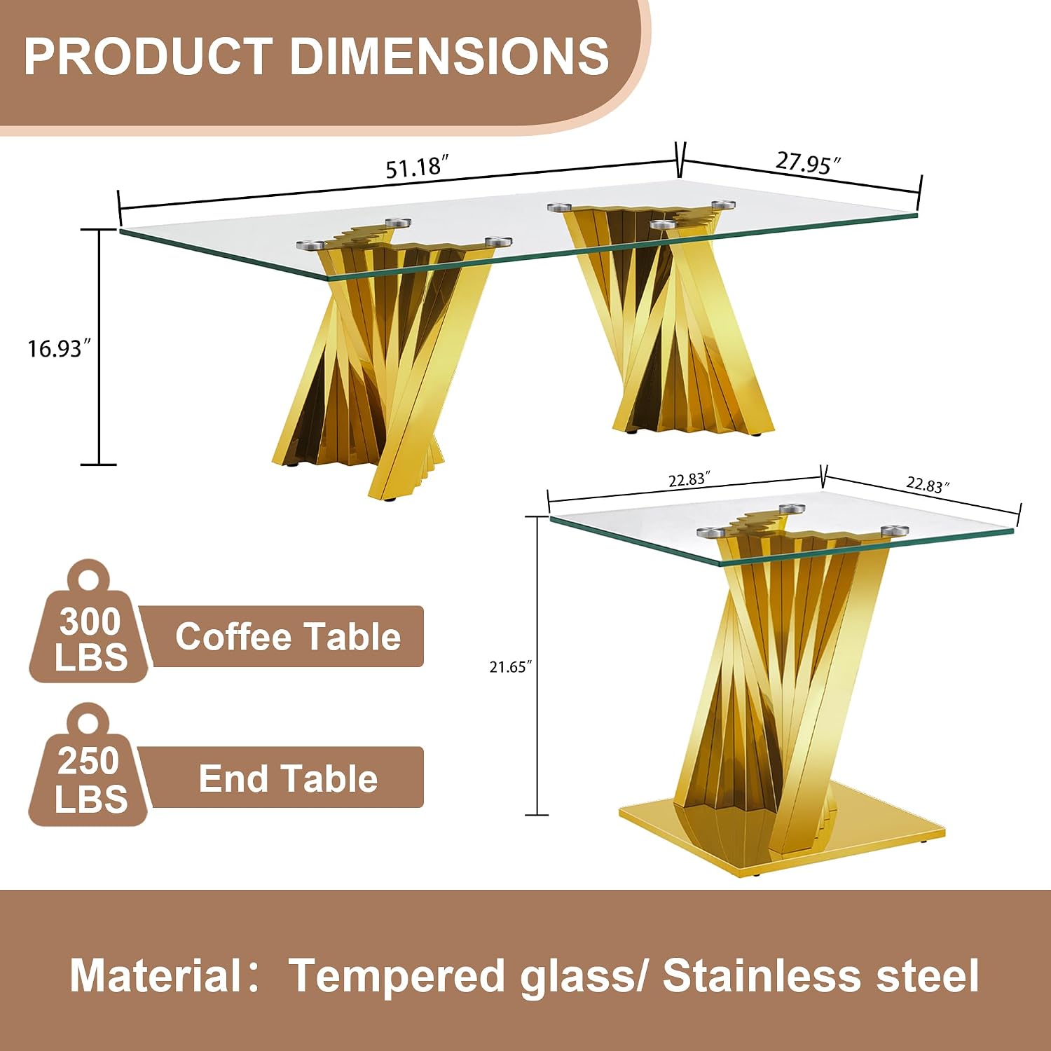 Rectangle Glass Coffee Table and 2 End Table Set of 3, with Tempered Glass Top and Mirrored Stainless Steel Table Legs, Suitable for Living Room Home Office,Gold