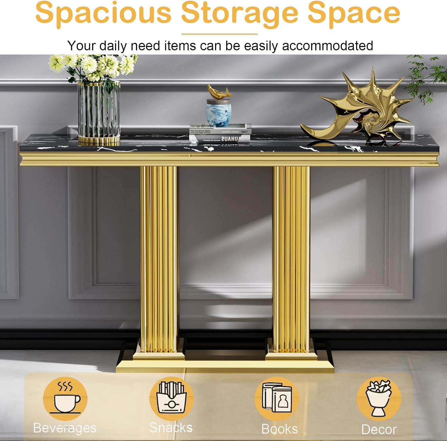 2 Pieces Coffee Table Set, Black Faux Marble Living Room Table Set of 2, Modern Marble Coffee Table and Console Table with Gold Column-Shaped Stainless Steel Base for Living Room Home Office