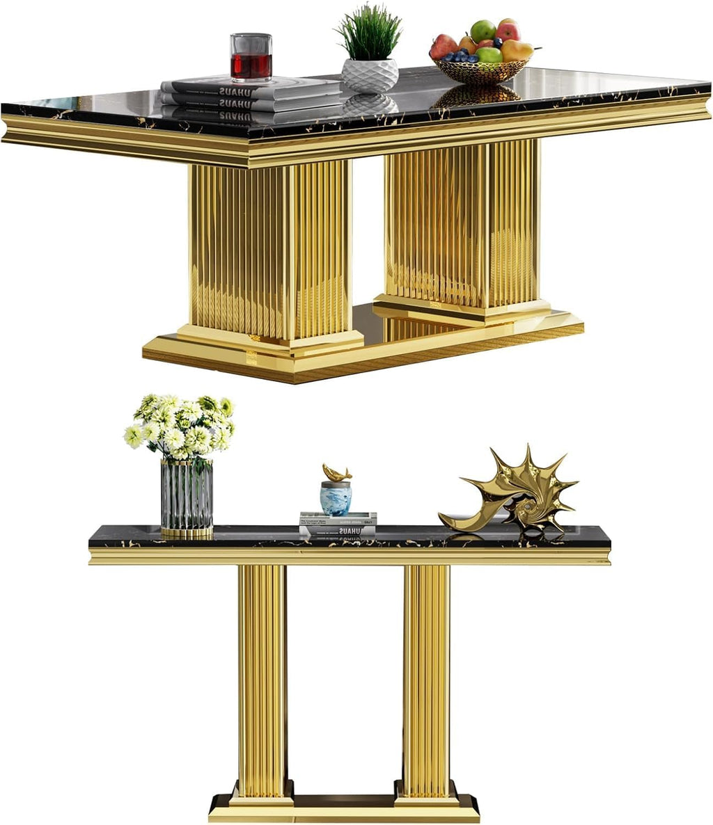2 Pieces Coffee Table Set, Black Faux Marble Living Room Table Set of 2, Modern Marble Coffee Table and Console Table with Gold Column-Shaped Stainless Steel Base for Living Room Home Office